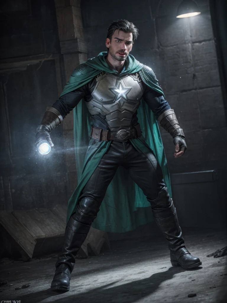 a 38 years old fair man, Ice sorcerer, Black hair, big detailed light green eyes, ((Looks like Chris Evans)), dark blue cape, Black shirt, white pants, black boots, gloves, belt, Dark matter aura, fighting with ice, badass face, detailed facial features, cinematic lighting, photorealistic, fantasy, highly detailed, ultra-detailed, masterpiece, (best quality, 4k, 8k, highres, masterpiece:1.2), ultra-detailed, (realistic, photorealistic, photo-realistic:1.37), HDR, UHD, studio lighting, ultra-fine painting, sharp focus, physically-based rendering, extreme detail description, professional, vivid colors, bokeh