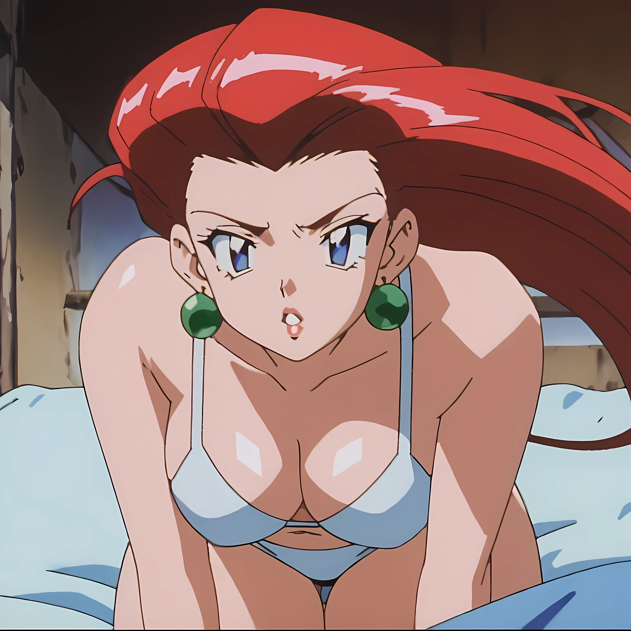 (masterpiece:1.0), (ultra detailed:1.2),(intricate, beautiful detailed) ,1990s,anime cel style, 1 girl, Jessie Pokemon,　Dark bedroom、 white bra、hair slicked back, long hair,red hair,detailed lapis lazuli eyes,curvy, blue eyes、Sharp Eye、Small eyes、Large Breasts、Lift your eyes、Sharp eyeshadow、Green earrings,　Broad shoulders、Lower eyelashes、2５age、Best Style、Stocky build、Thin lips, slanted eyes,　Kiss、 Sit on the bed、Leaning forward、甘えた顔、汗が滴る