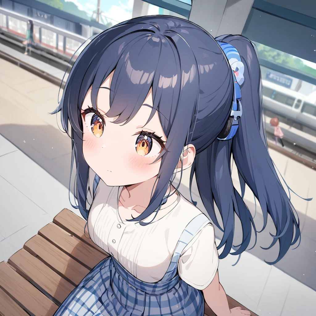  1 girl\(cute, Cute, Small , Blue hair underneath,  ponytail, Long Hair,  Brown Eyes , Big Eyes, Sitting on a bench, Waiting for the train, headphone, ＪＫ, high school student,  Look Away , boring\), Japanese Station, View from above,, Wide angle view, landscape,  Panoramic View ,  anime style,  cinematic 