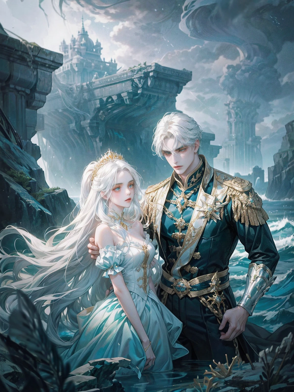 ( High quality , ultra detailed, careful with hand )Zodiac - Gemini goddess , similar to latin goodness , twin goddess , Curious, skillful, humorous, seductive, imaginative face , Sometimes impractical, restless, nervous, careless style , light brown eyes , light blonde hair , transparent dress , in the ocean with wind , whole body , flirty make up look ,