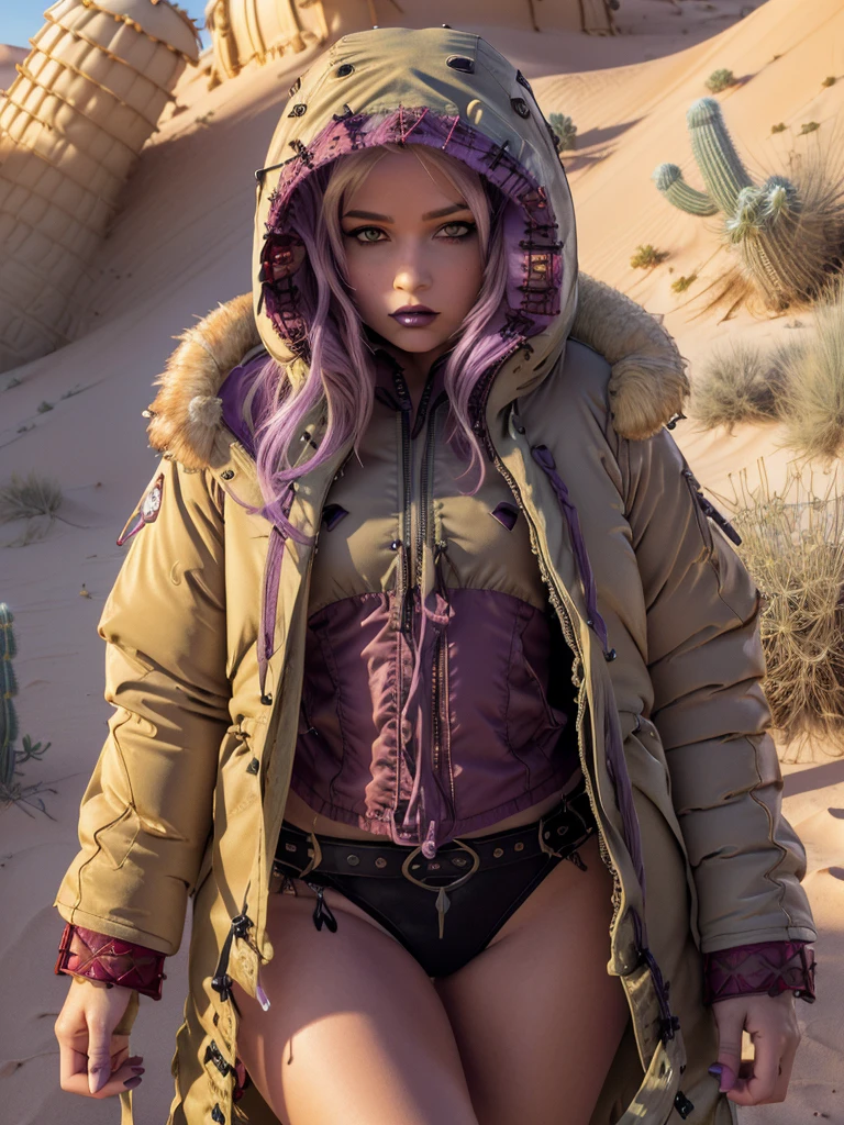 ((desert, sand, dunes, refraction effect, sun)), (masterpiece, best quality), (1girl), (solo), ((portrait)), perfect face, ((heterochromia, blonde and purple hair, ((red long parka)), gothic unnecessary belts everywhere, mole below eye)), the background is a beautiful desert with cactus, tumbleweed, cinematic light, sunny day, dramatic lighting, ultra detail, 8k, watercolor, dainty, delicate (gothic lace, gothic roses, goth aesthetic), prinzzess 