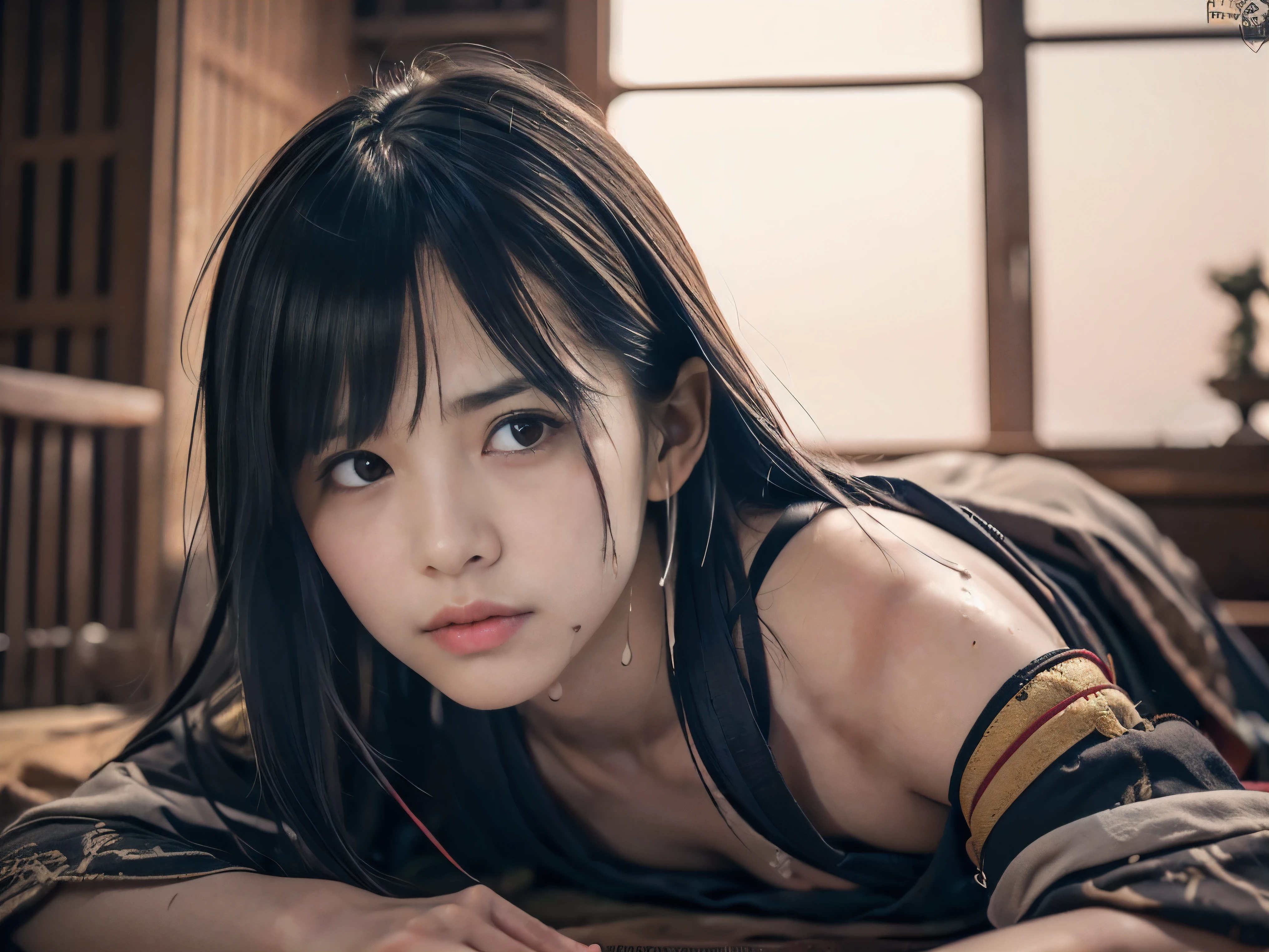 (Low angle shot of one naked slender small breasts two side up black medium hair with bangs girl in a samurai black armor:1.5)、(One naked girl is lying with her back behind on the wilderness land at the Sengoku period in Japan with crying dirty sperm splashed face:1.5)、(Blood splashed one girl's body:1.5)、(The big fire and burning trees on the wilderness land with red sky:1.5)、(blurred background:1.5)、(Natural light:1.5)、(8k ultra detailed master piece:1.5)、(perfect anatomy:1.5)、(Photorealistic stick:1.5)、(Raw photo:1.3)、(highest quality:1.5)、(High resolution:1.3)、(Delicate and beautiful perfect face:1.3)、(Delicate and beautiful eye air skin:1.3)、(Real Human Skin:1.3)、((thin legs))