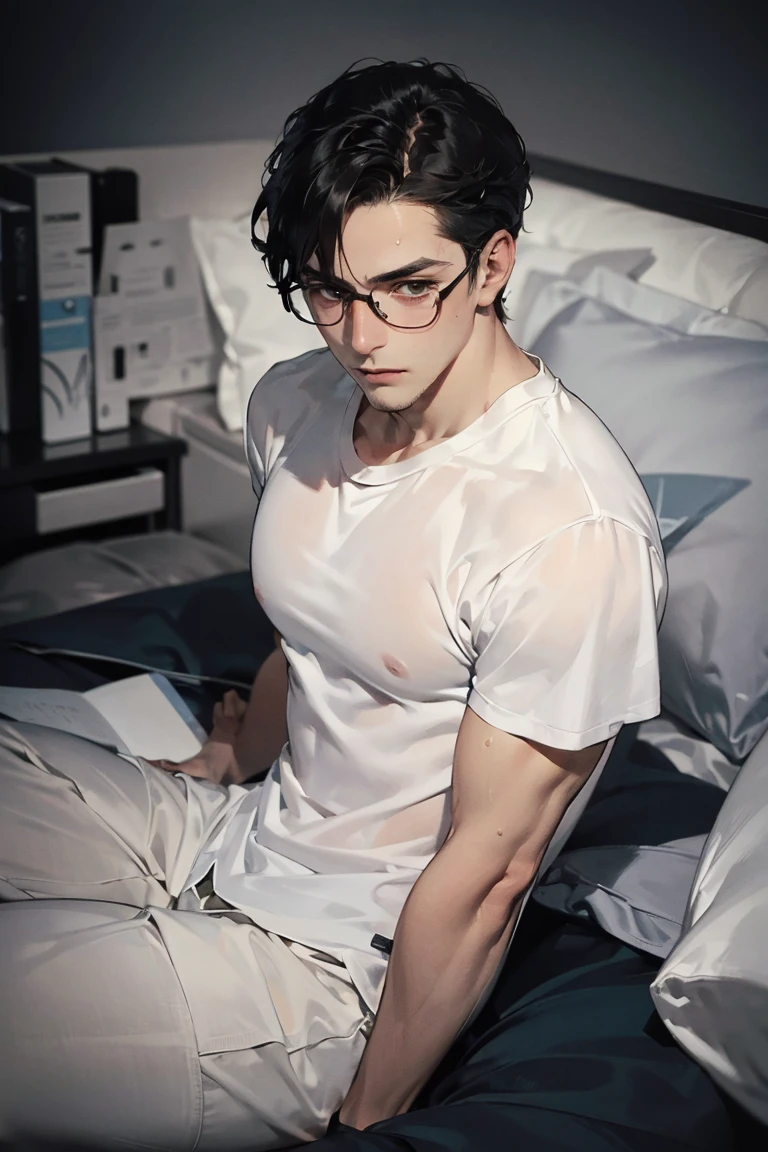 （1 adult male），high resolution， sharp focus， Pixiv masterpiece， （（intricate details））， Very详细， Natsuki_subaru， 1 person，perfect male figure，Cum on trouser leg， Lower your head nervously，very shy，Awkward，excited，very shocked，panicked，Worry，A pool of white viscous liquid formed around him，Very，unbearable，wet yourself，discharge，Full body male love，sit astride，tired，decadent， blue eyes（eyes glow）， short hair，White shirt，wear a tie，wear a belt，Pants，breath through，Soaked，get wet，顺着Pants流下来，looking from bottom to top