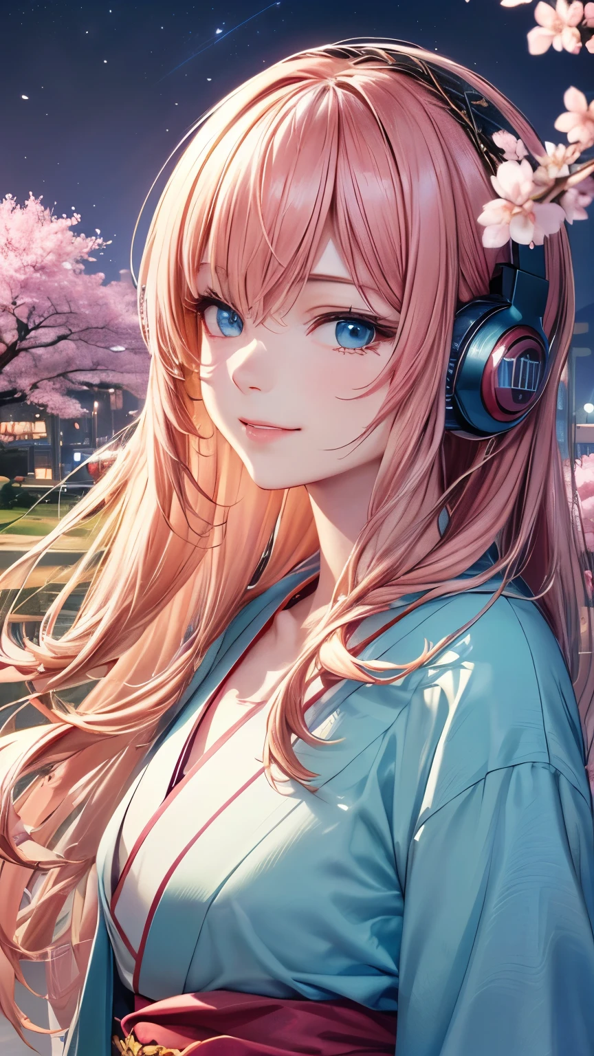 Megurine Luka， pink long hair，((headphones，light blue kimono ))，((Clear blue eyes))，((4K，8k，CG Unity，Masterpiece，masterpiece，Best Quality:1.5))，Official image，Perfectly correct anatomy，((Realistic:1.2))，Bust Up，(( staring at the camera with a gentle smile:1.17))，The most beautiful woman in the world，A soothing expression， Supermodels， Beautiful, Detailed Skin Texture，Beautiful Lips， Extremely Exquisite Acrylic Painting ，Very beautiful and smooth hair， Pro Lighting，Perfectly correct hand shape， Intricate Details ，(( Cherry blossom tree background at night with beautiful cherry blossom blizzard))