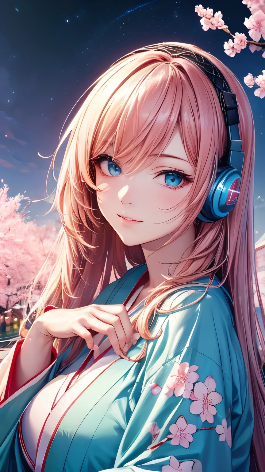 Megurine Luka， pink long hair，((headphones，light blue kimono ))，((Clear blue eyes))，((4K，8k，CG Unity，Masterpiece，masterpiece，Best Quality:1.5))，Official image，Perfectly correct anatomy，((Realistic:1.2))，Bust Up，((Happy and shy face :1.17))，The most beautiful woman in the world，A soothing expression， Supermodels， Beautiful, Detailed Skin Texture，Beautiful Lips， Extremely Exquisite Acrylic Painting ，Very beautiful and smooth hair， Pro Lighting，Perfectly correct hand shape， Intricate Details ，(( Cherry blossom tree background at night with beautiful cherry blossom blizzard))