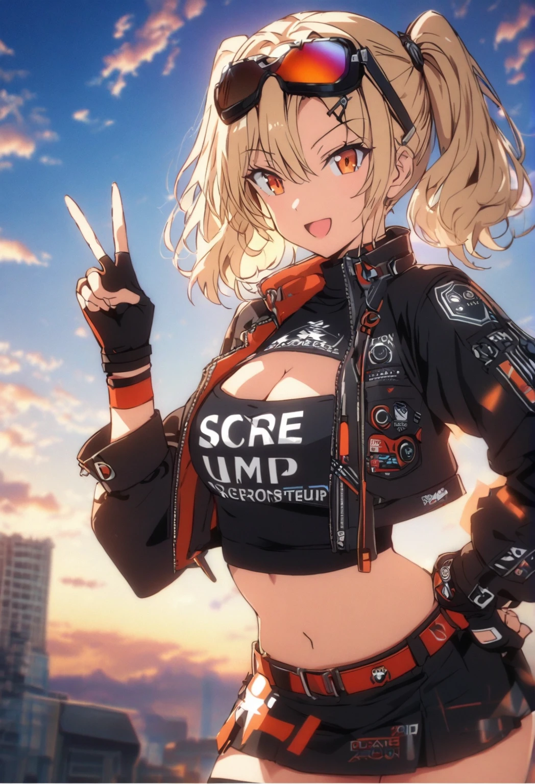 score_9_up, score_8_up, score_7_up, source_anime, masterpiece, best quality, 1girl, solo, Burnice_ZZZ, sun light, sun rise, clouds, blue sky, standing, v sign, cheerful smile, open mouth, looking at you, upper body, face focus, hand on hip, blonde hair, two side up, orange eyes, eyewear on head, sunglasses, goggles, short twintails, hair ornament, crop top, tube top, black jacket, black thighhighs, cropped jacket, black shirt, blouse with logo, cleavage cutout, long sleeves, belt, black skirt, red wrist cuffs, red thigh strap, fingerless gloves, miniskirt, midriff, turtleneck, mature body, dynamic cowboy shot, outdoors, sky clouds background, A person wearing a shirt with the logo printed on it. image:C:\Users\aless\Downloads\Logo Burnice.jpg