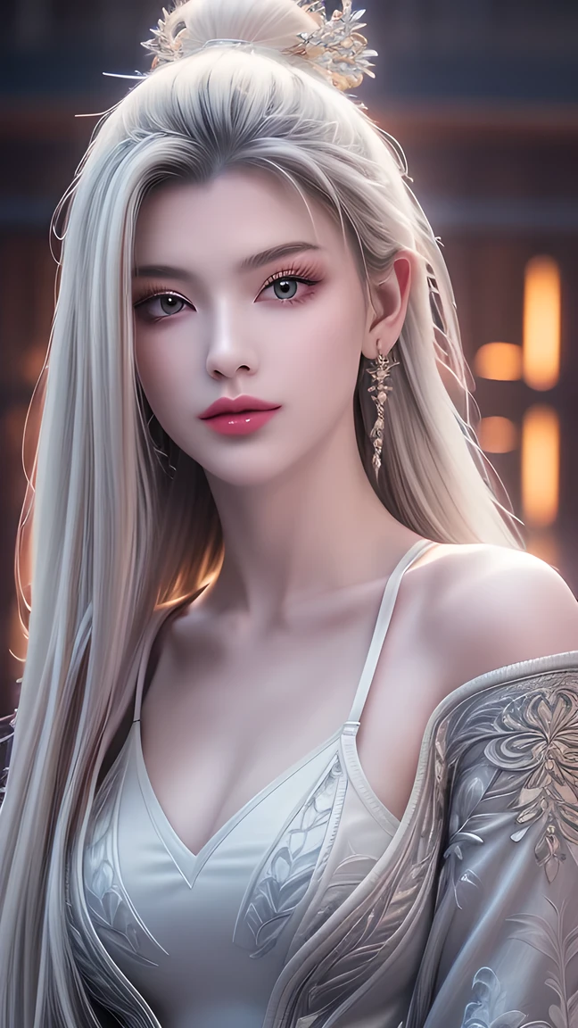 masterpiece, Best quality, Nearly perfect, (Perfect face:1.1), (High Detail:1.1), drama, (1 person), has fair skin, (Pure white long hair:1.4), White eyes, Otto Seppalainen, Solitary, Long white hair, Dragon Horn,Dragon Girl,White luxury suit, Cover your belly button, Snob, Albinism, Luminous Studios Graphics Engine, Pout, Demon Magician, Volumetric Lighting, detailed eyes, (8k wallpaper masterpiece), Super detailed, Intricate details, Absolute pixel perfection, Rosette, Fashion, side, and look at the audience, Balenciaga style,No teeth showing,Not blurry。