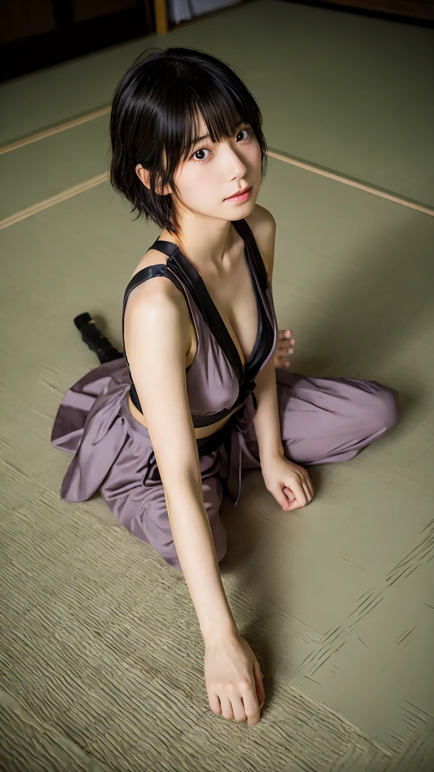 Female ninja wearing short kimono wearing fishnet with sexy bare feet and black toes exposed with boob cleavage showing showing butt 