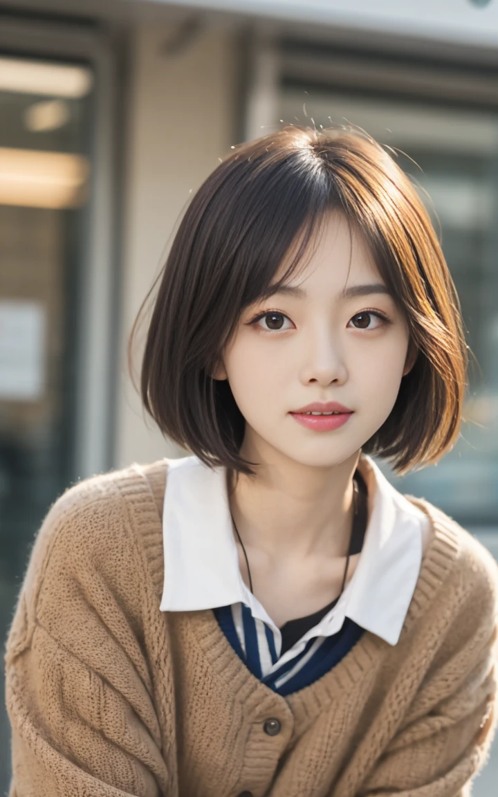 (Highest quality、8K、32k、masterpiece、Hmph:1.2)、Cute Japanese Women Photos、Long sleeve dress、Very short hair、Photographed in natural light、Upper Body、Surface Focus、Simple Necklace、In front of a white door、From above、Looking at the audience、Mix 4、(8K、RAW Photos、Highest quality、masterpiece:1.2)、(Realistic、Photorealistic:1.37)、1 Girl、Photon Mapping、Physically Based Rendering、good looking、Excellent image quality、High resolution、1080P、(Pretty face)、(Detailed facial depiction)、(Detailed explanation of the hand setter muscle area)、(Detailed CG)、Dirty hair、masterpiece、Rich details、(exquisite features)、(Best image quality)、(masterpiece)、(Detailed eyes)、I look forward to seeing you、Delicate clavicle、Various poses
