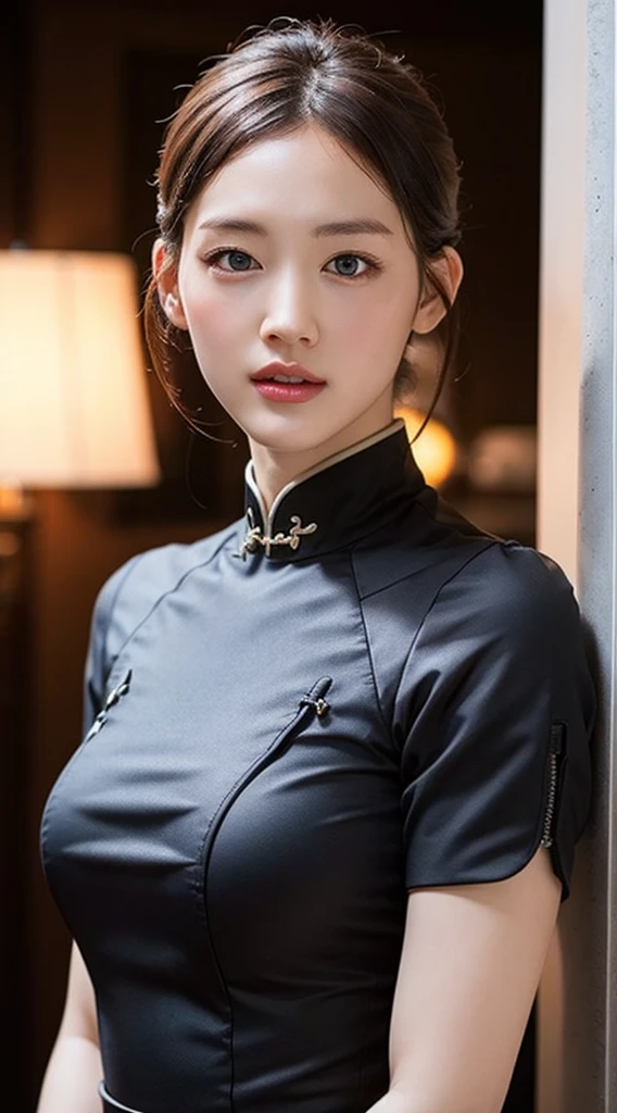 Highly detailed CG Unity 8K wallpapers, Highest quality, Very detailed, Tabletop, Realistic, Like the picture, Very detailedかわいい, 2, ,, Upper Body , ,huge ,Iris,navy blue silk cheongsam dress