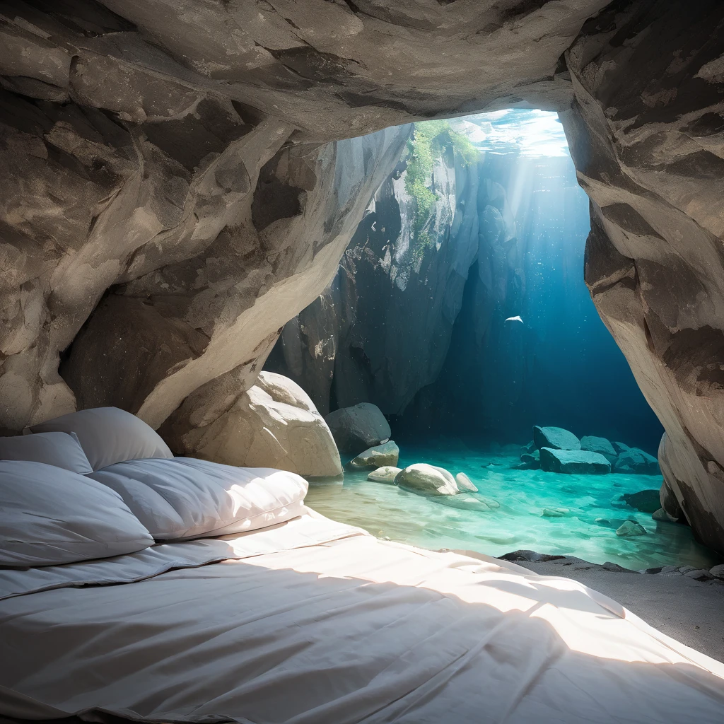 :  ultra-realistic photo scene at these 2 locations .  bright white stone cave facing the outside .  the cave is under very blue water .  there are 2 places in the cave that are not in the water. in these two places,  there are mattresses with sheets , Quilt