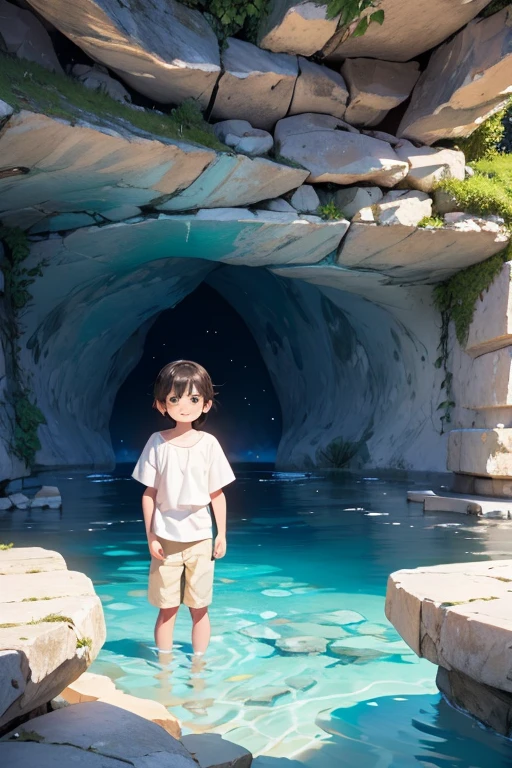 :  ultra-realistic photo scene at these 2 locations .  bright white stone cave facing the outside .  the cave is under very blue water .  there are 2 places in the cave that are not in the water. in these two places,  there are mattresses with sheets , Quilt