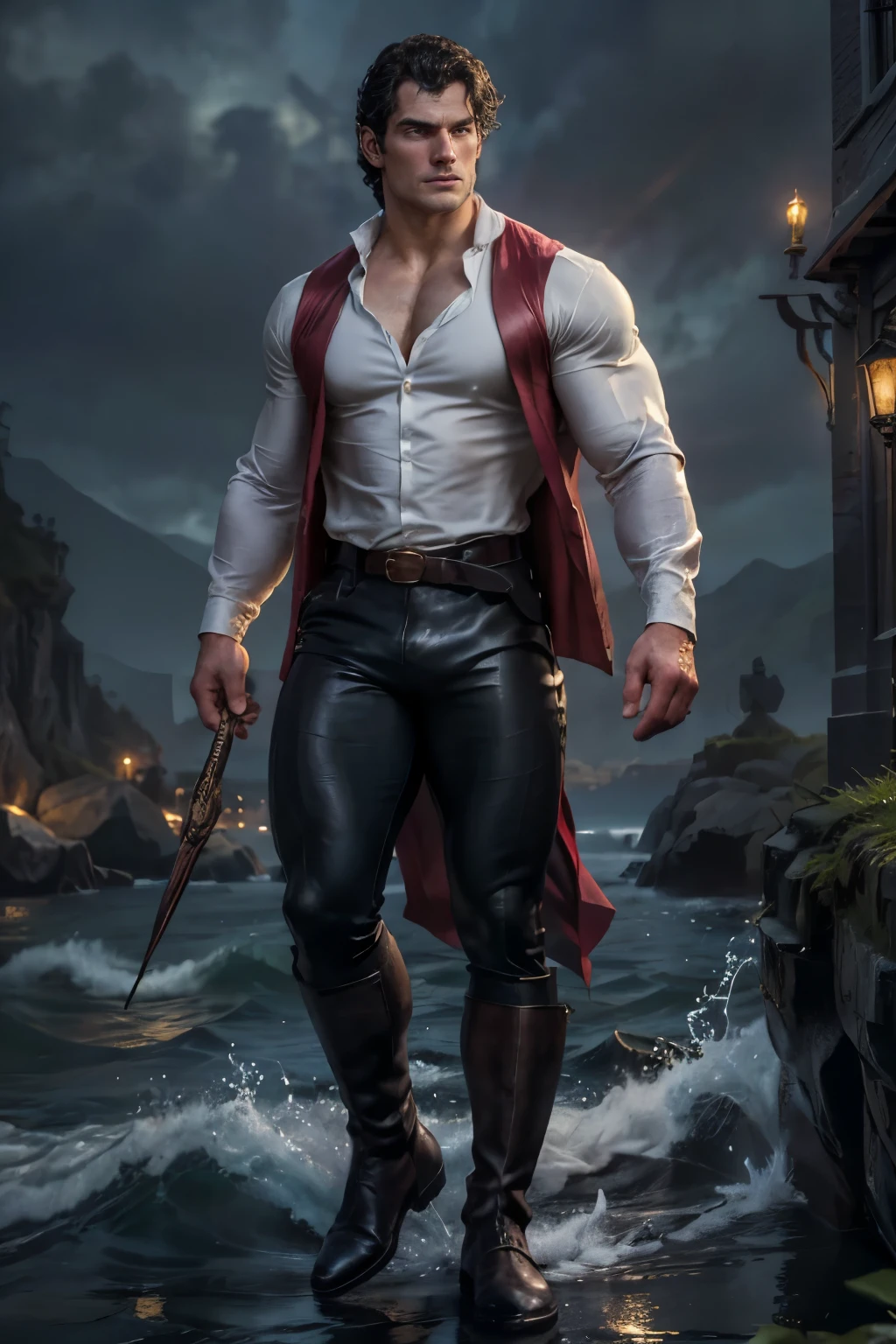  Create a image of a handsome prince with the facial features of Henry Cavill..  He has strong ,  defined jaws , deep blue eyes, and thick , dark eyebrows. Her hair is jet black, slightly wavy,  and well combed back .  He wears a classic white sailor's shirt with long sleeves .,  made of soft , Fluid tissue,  Combined with tight dark blue pants ..  His sturdy black leather boots and a brown belt complete the look ,  giving him an adventurous yet regal appearance .  his skin is fair ,  and his athletic build shows strength and grace .,  Embodying both nobility and maritime charm .