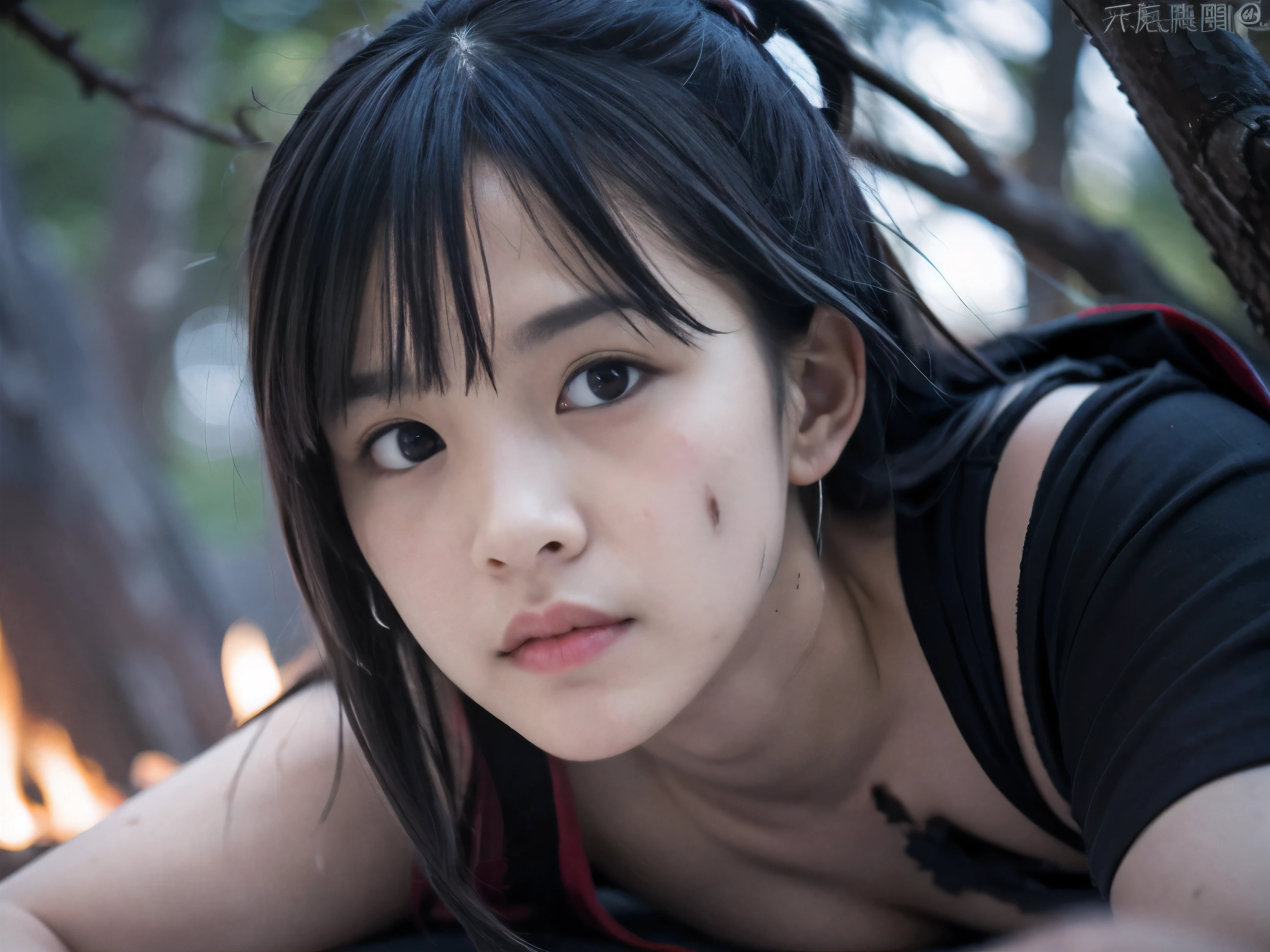 (Low angle shot of one naked slender small breasts two side up black medium hair with bangs girl in a samurai black armor:1.5)、(One naked girl is lying with her back behind on the wilderness land at the Sengoku period in Japan with crying blood and dirty sperm splashed face:1.5)、(Blood splashed one girl's body:1.5)、(The big fire and burning trees on the wilderness land with red sky:1.5)、(blurred background:1.5)、(Natural light:1.5)、(8k ultra detailed master piece:1.5)、(perfect anatomy:1.5)、(Photorealistic stick:1.5)、(Raw photo:1.3)、(highest quality:1.5)、(High resolution:1.3)、(Delicate and beautiful perfect face:1.3)、(Delicate and beautiful eye air skin:1.3)、(Real Human Skin:1.3)、((thin legs))