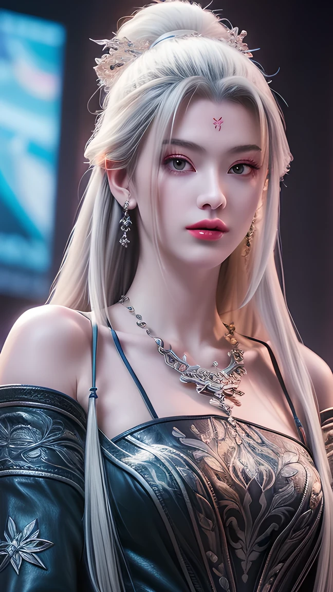 masterpiece, Best quality, Nearly perfect, (Perfect face:1.1), (High Detail:1.1), drama, (1 person), has fair skin, (Pure white long hair:1.4), White eyes, Otto Seppalainen, Solitary, Long white hair, Dragon Horn,Dragon Girl,White luxury suit, Cover your belly button, Snob, Albinism, Luminous Studios Graphics Engine, Pout, Demon Magician, Volumetric Lighting, detailed eyes, (8k wallpaper masterpiece), Super detailed, Intricate details, Absolute pixel perfection, Rosette, Fashion, side, and look at the audience, Balenciaga style,No teeth showing,Not blurry。