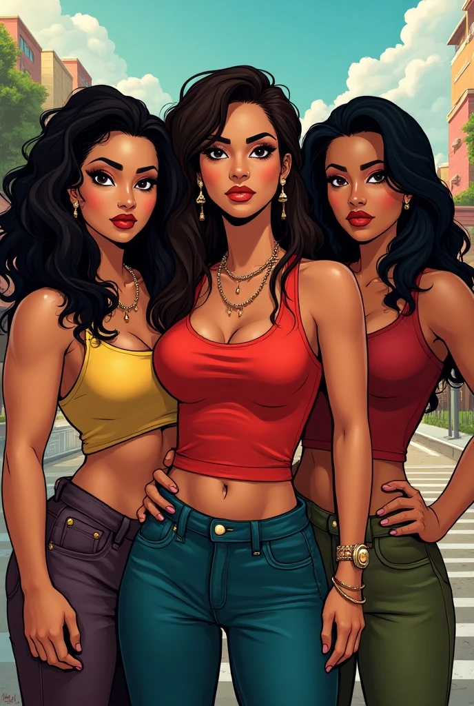 masterpiece, best quality, highres, 3girls, long hair, leggins, fitness, looking at viewer, outdoors, smile, plus size, huge tits, cleavage, big butt, love handles, busty, milf