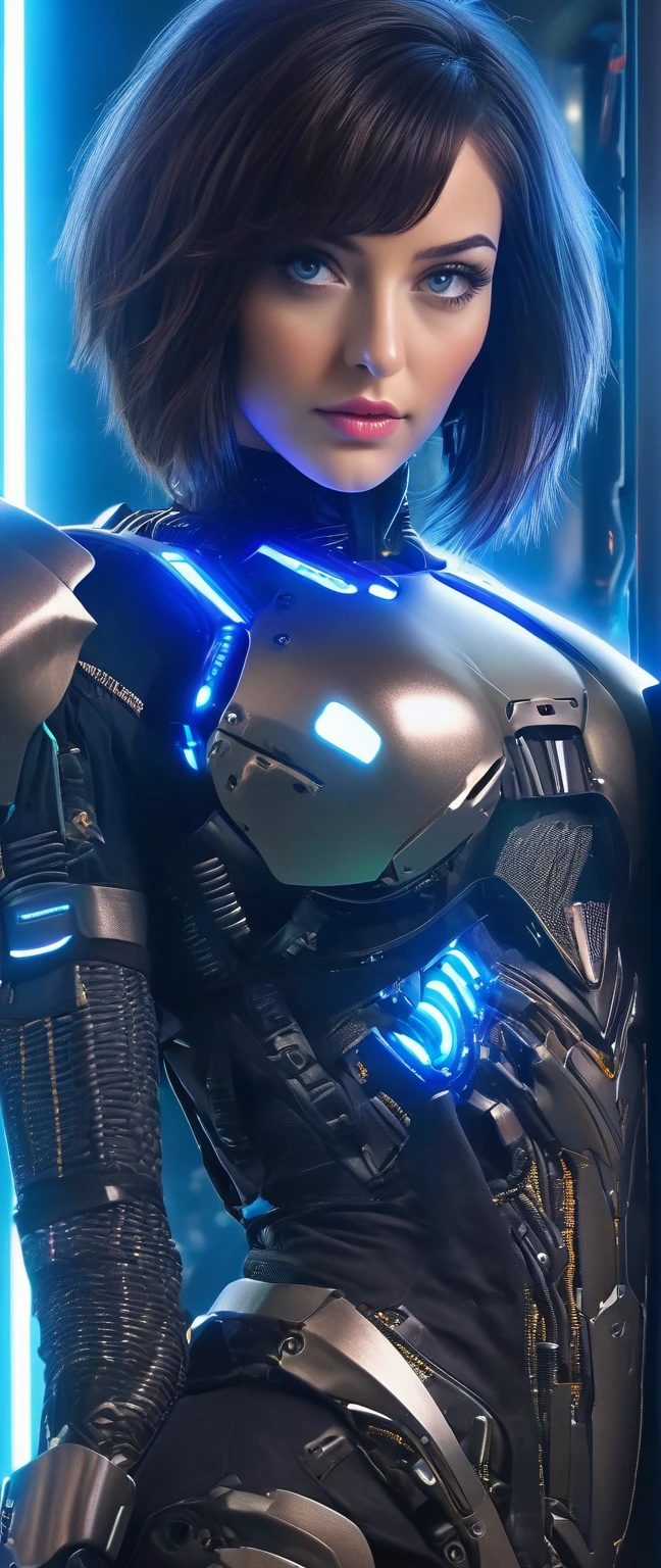 (Best Quality, 4K, 8k,      High Resolution     , masterpiece: 1.2), (      very detailed, Realistic, Realistic:1.37),     Woman in futuristic costume    ,        woman wearing exoskeleton cyber armor ,     Women in Bodycon Armor           、((    She has a plasma gun in her hands       )), Full body images, Maximum details,     high quality , 8k,Chest, blue eyes,      High Resolution     , 超     High Resolution     , Best Quality,  (((  bob cut short hair ))),Bob Hair, Big Chest,        Cinematic Lighting Effects   ,    beautiful dark-haired woman, blue eyes,   Cyber style woman   , ((Advanced spacecraft interior)), high quality images,Bob Hairー，(( Cut style with aligned bangs))、Beauty、