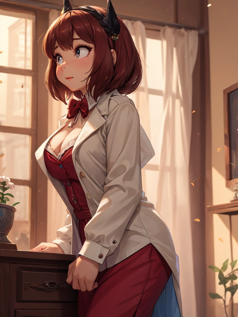 8K UHD, Digital SLR, Soft lighting, High quality, ((best quality)) ((best quality)), ((masterpiece)), (detailed), 4k image, anime style, beautiful teenage anime girl, fair caramel skin, symmetrical face, cherry red plump lips, blood red eyes, African looks, small breasts, toned slender body, slim waist, short height, shoulder pixie cut hair, sleek brownish-red hair, wide hips, phoenix eyes, small nose, European style , white pleated skirt that is frilly at the hem, white formal shirt underneath a red form-fitting blazer, red opaque/sheer thigh-high stockings, low-top boots