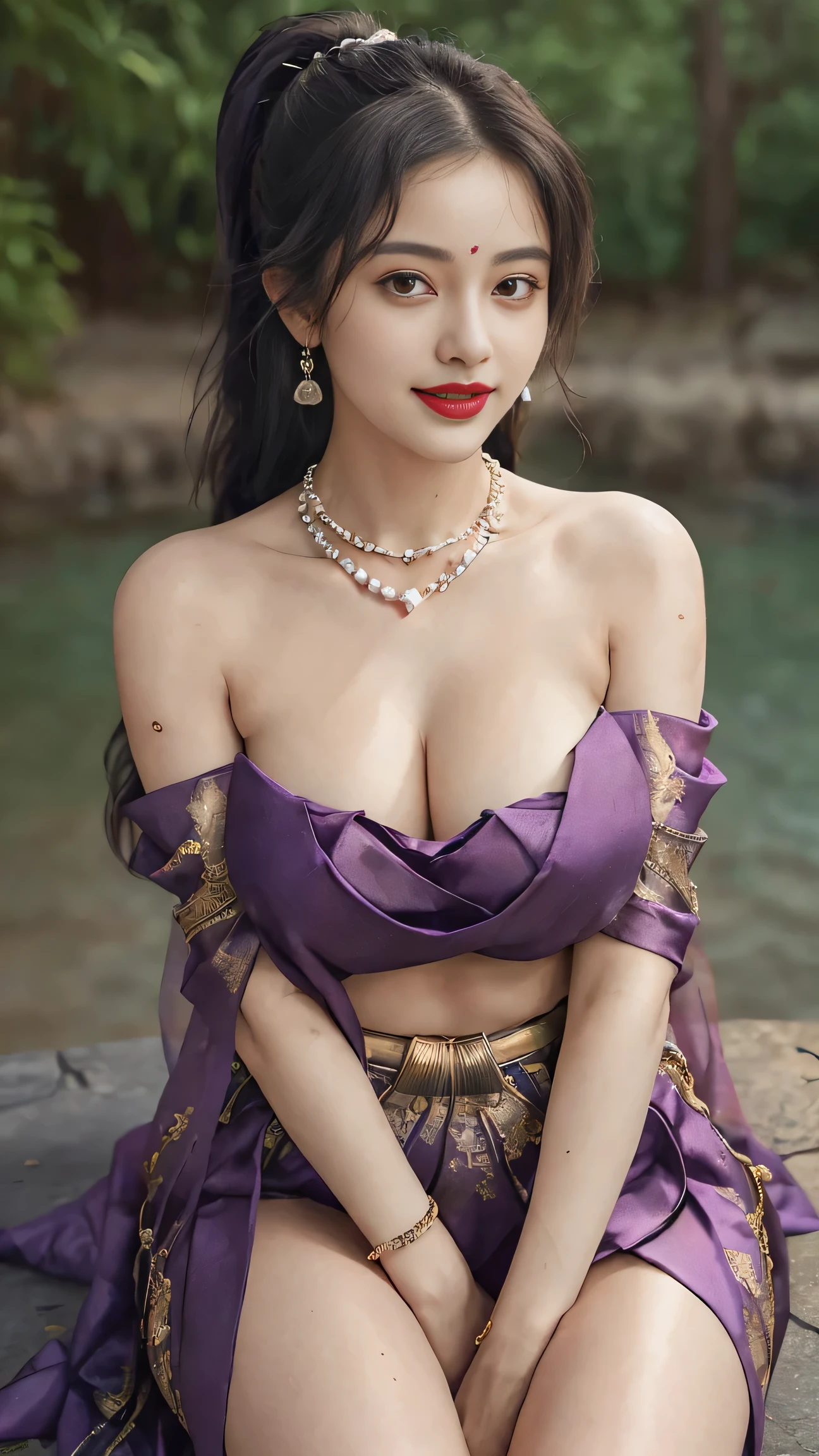 day scene, extreme close up photo of naked latina, hourglass figure, swooping breasts, showing deep cleavage, open arms, seducing near waterfalls, ponytail, necklace, (purple colour satin silk  saree, look at viewer, heavy embroidery,)) (cinematic:1.3), intricate details, (ArtStation:1.2)((lots of jewelleries, 3 long necklace, earrings, waist chain, pearl chains)) ((oily skin, oily body, shiny skin)) sitting on a huge rock, surrounded by waterfall , ((sitting, spreading legs wide open , red lipstick, smile ))