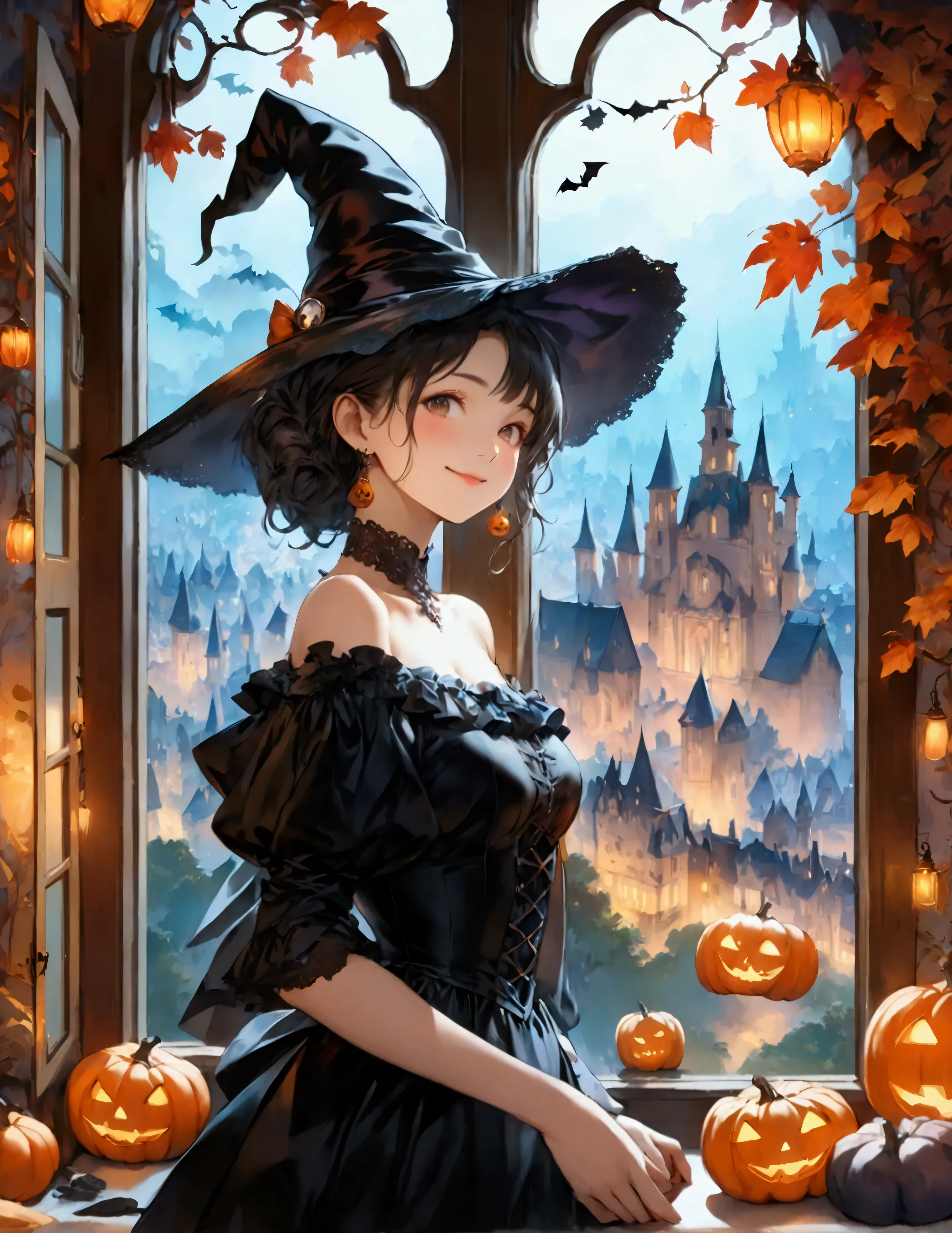 (Otherworldly beauty:1.2),photoreal,A scene from a Halloween party held at an old castle,A beautiful woman in a witch costume stands,From the window of the room, you can see the lights of the castle town at night and the beautiful night sky.,Decorate a Rococo style room with Halloween decorations,BREAK,(,The woman is looking at me and smiling,the woman is facing forward,Kawaii face,The most beautiful smile,Gravure photos for fashion magazines,masterpiece,Top quality,Award-winning works,((high resolution)),((Extremely detailed CG Unity 8K wallpaper)),Very good skin,(Random Hairstyle),Perfect body lines,slim body,Witch costumes are chic and elegant,Elegant and stylish atmosphere,),BREAK,Autumn Light,beautiful,Structurally correct,anatomically accurate,chic,elegant,In a calm atmosphere,absurd,Tangled,Intricate details,The air is full of magic,Artwork,rendering,(masterpiece:1.3),(Best Quality:1.4),(Super detailed:1.5),High resolution,very detailed,Unity 8K Wallpaper