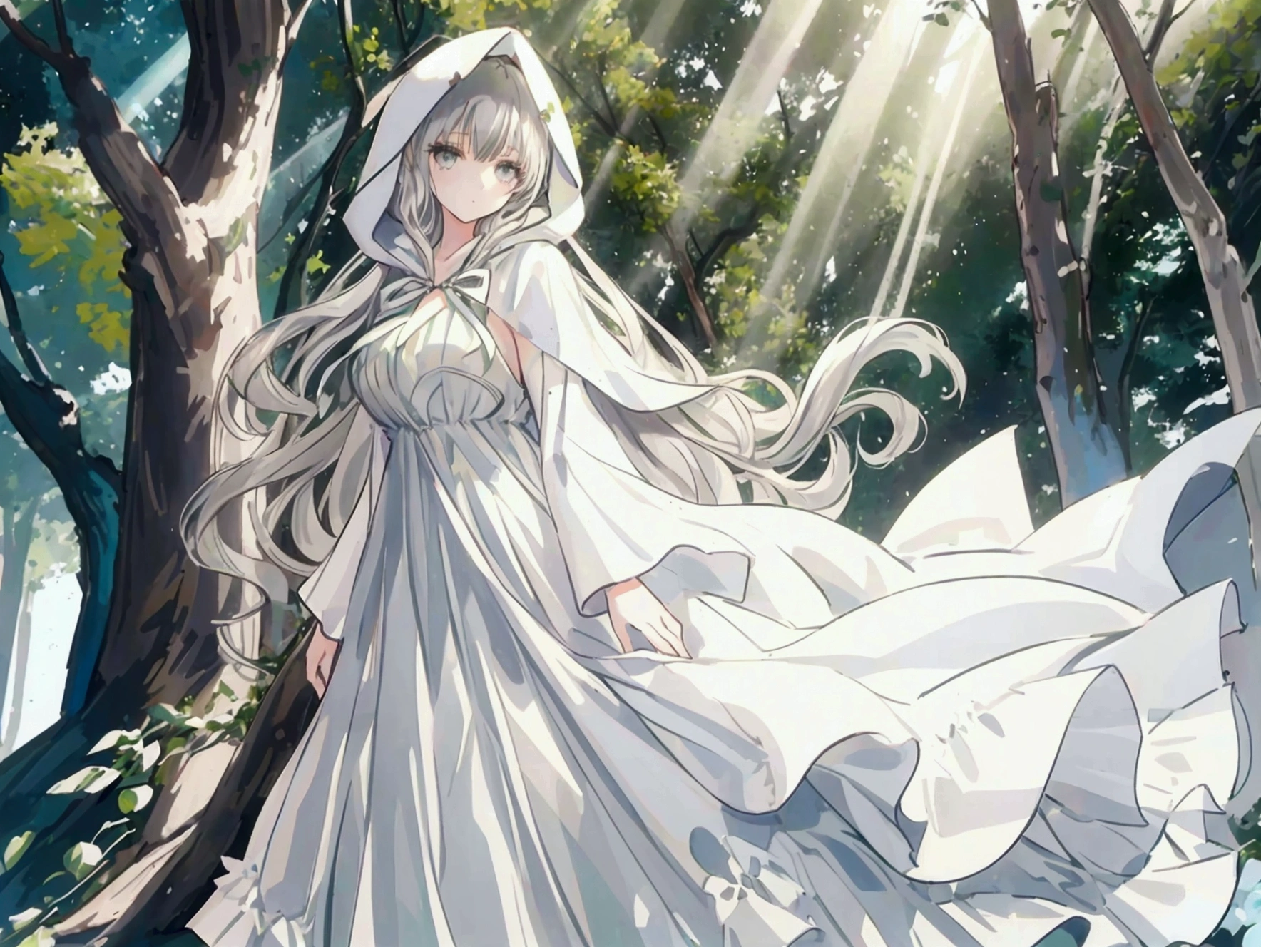 1girl, Wavy Long Hair, Gray Hair Color, Pake Skin, Emerald Eyes, ((Old-Fashion One Piece Dress)), ((White Riding Hood)), (Mature Woman), Under the Trees, Forest, Sun Rays, Bloom, HD Resolution, Bright Color, Leaning Against the Tree