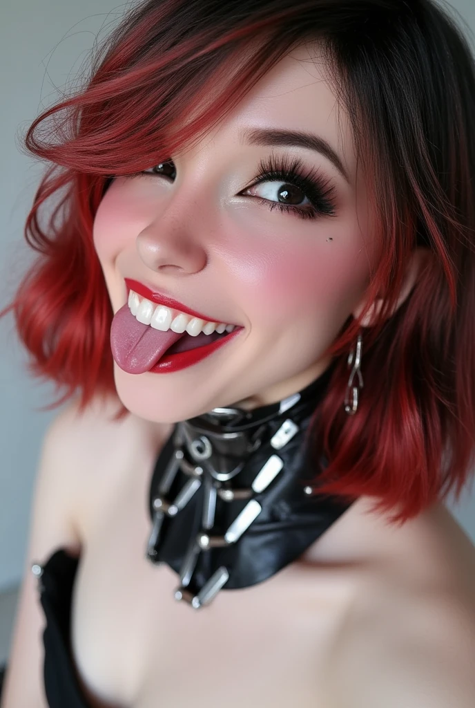 Photography a woman cyborg, she has seamless robotic parts joined to her neck, vibrant smile, eyeliner, tongue out, winking 