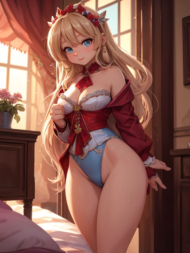 Score_9, score_8_up, 4k, 8k, detailed face, source_anime, smug vampire girl with small breasts, young girl, skimpy outfit, ass, pert ass, thick thighs, presenting ass, blonde hair, long hair, young slut, (geewhy),