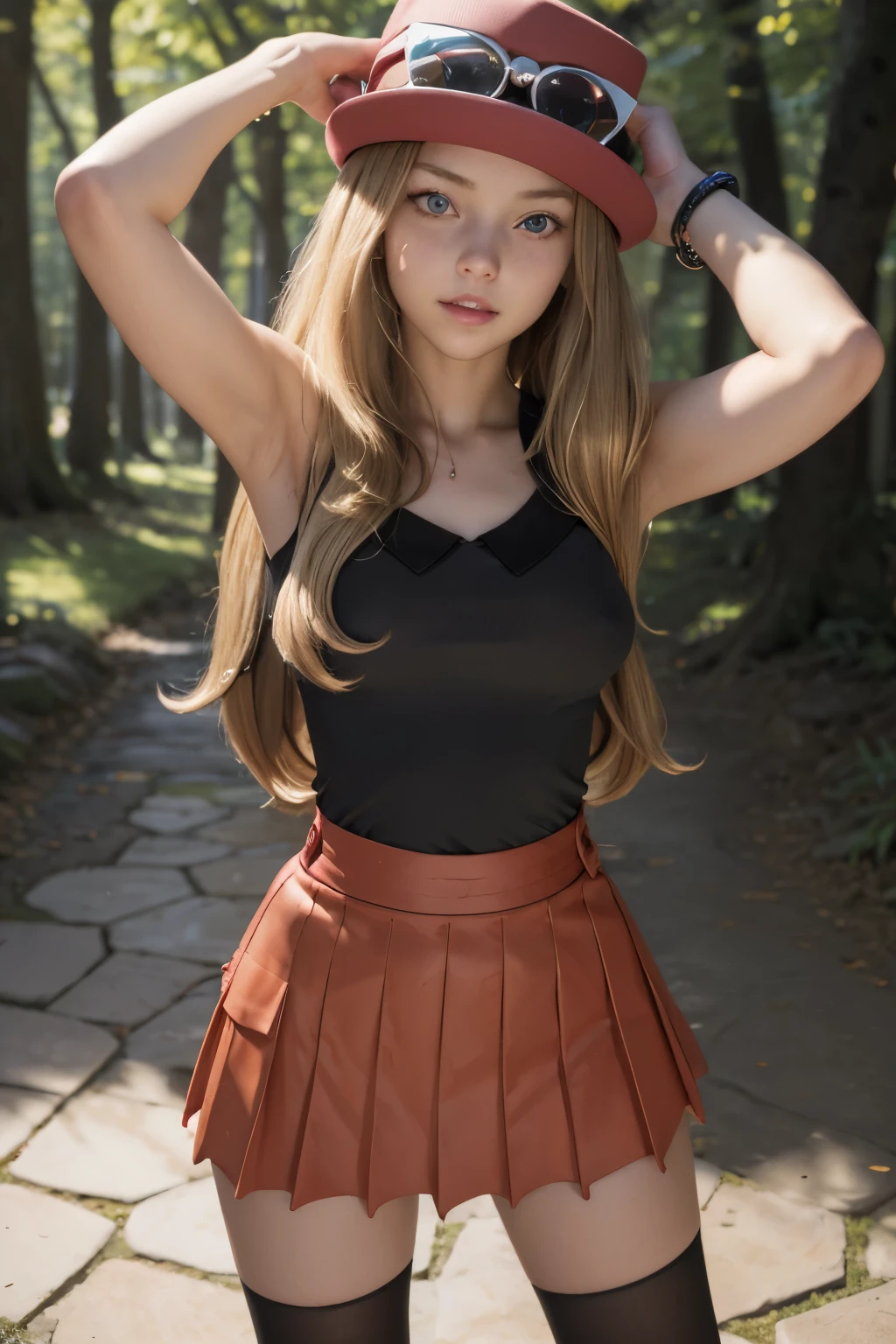 (masterpiece, best quality), Better quality, hyper detailed, natural looking amateur photo, 1girl,  serena (pokemon),1girl,hat, sonriente, sunglasses, long hair, blonde hair, blue eyes, bracelet, sleeveless shirt, transparent black shirt,red mini skirt, pleated skirt,black thighhighs, no panties, viento levanta su falda, vagina visible