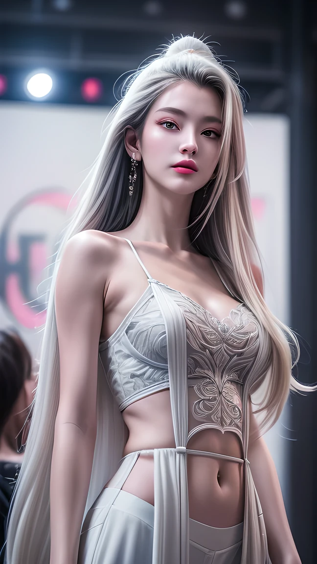 masterpiece, Best quality, Nearly perfect, (Perfect face:1.1), (High Detail:1.1), drama, (1 person),  has fair skin, (Pure white long hair:1.4), White eyes, Otto Seppalainen, Solitary, Long white hair, Dragon Horn，Dragon Girl，White luxury suit, Cover your belly button, Snob, Albinism, Luminous Studios Graphics Engine, Pout, Demon Magician, Volumetric Lighting,  detailed eyes, (8k wallpaper masterpiece), Super detailed, Intricate details, Absolute pixel perfection, Rosette, Fashion, side,  and look at the audience, Balenciaga style，No teeth showing，Not blurry。