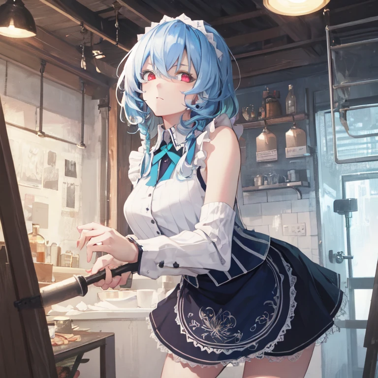 masterpiece, Best Quality,   1 girl, Alone, Light blue hair, Maid Dress,  White Apron ,  Short skirt ,  sexy pose , Sleeveless Clothes , Detailed face, Detailed eyes, Fresh Red Eyes ,  Big Red Ribbons , Blue clothes, Mid-chest,  Girls with Bowties ,  White Maid Headbands、sulky、large breasts、