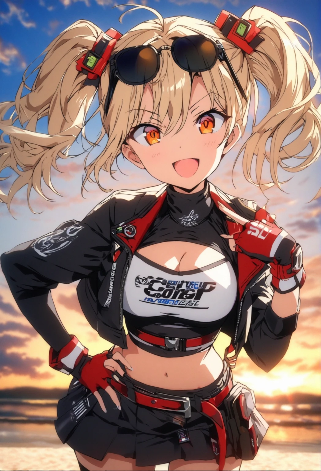 17 year old girl、blonde ponytail、Ahoge、big round red eyes、grin、small breasts、White sweatshirt、Belly button、White tracksuit pants