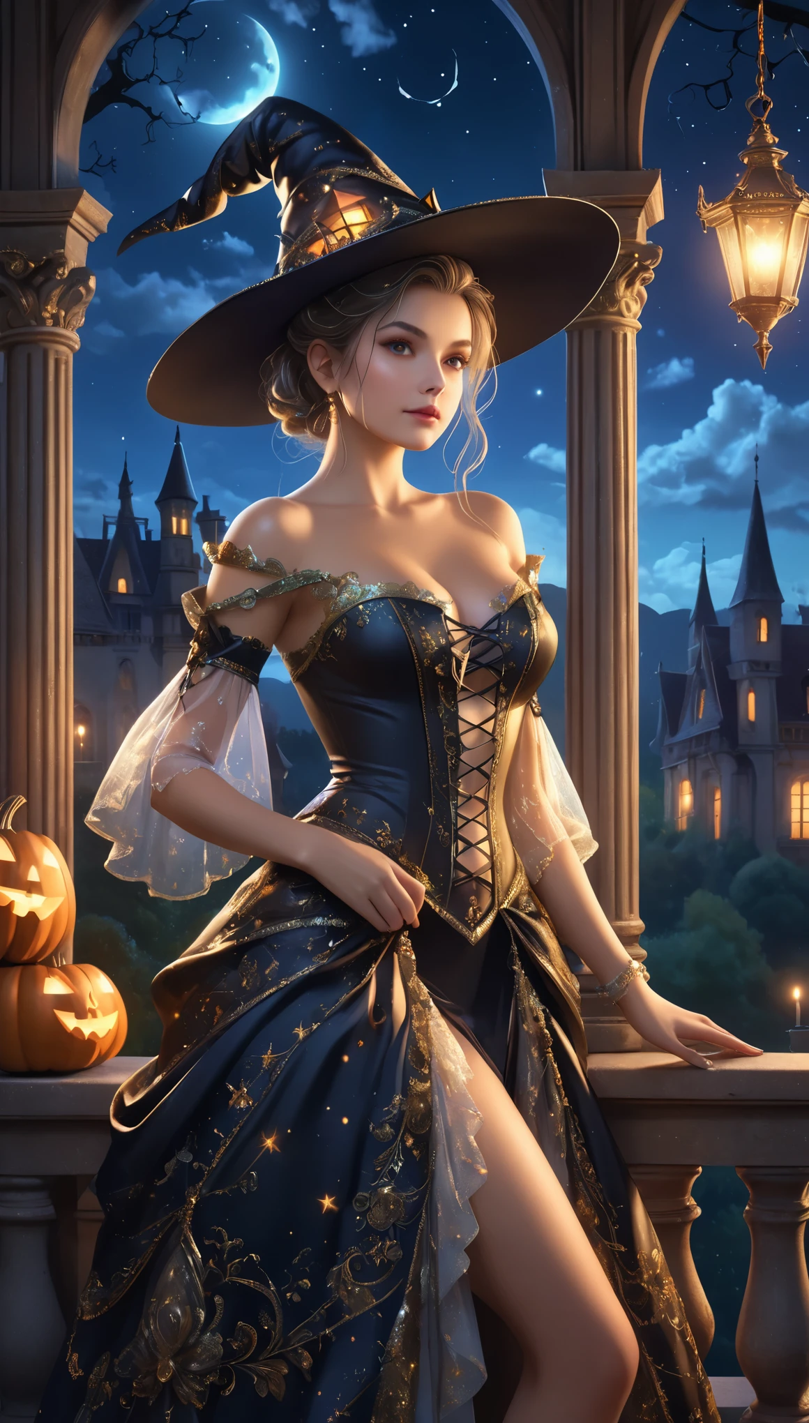 Have a Halloween party at an old castle,A beautiful woman in a witch costume is standing on the balcony,A woman is looking out,You can see the lights of the castle town at night and the beautiful night sky from the balcony.,The dance is performed in a rococo style room.,chic,elegant,In a calm atmosphere,photoreal,beautiful,Night view,Structurally correct,anatomically accurate,break,The witch costume worn by the woman is so gorgeous,embroidered with silver and gold thread,absurd,Tangled,Intricate details,The air is full of magic,Artwork,rendering,(masterpiece:1.3),(Best Quality:1.4),(Super detailed:1.5),High resolution,very detailed,Unity 8K Wallpaper