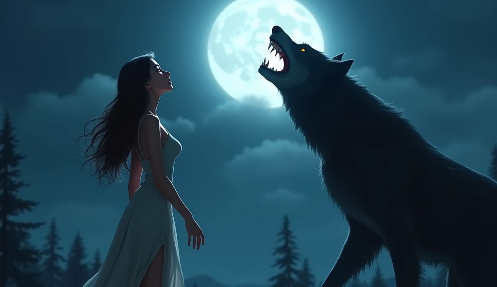 two werewolf women in a seductive yet aggressive pose, baring their fangs under the full moonlight. One of them is crawling towards the camera, with a focused and defiant gaze, while the other stands tall, in a dominant stance with her fangs exposed. Both have athletic bodies and wear dark leather clothing that accentuates their figure, with facial features that blend wildness and beauty. The setting is a dark forest, with tall trees and deep shadows, creating a mysterious and dangerous atmosphere. Image style: dark realism, with sharp details on the faces and textures on the clothing.