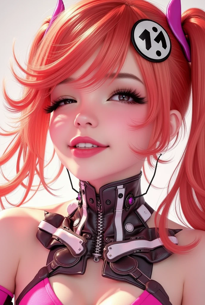 Anime style of a woman cyborg, she has seamless robotic parts joined to her neck, vibrant smile, eyeliner, tongue out, winking 