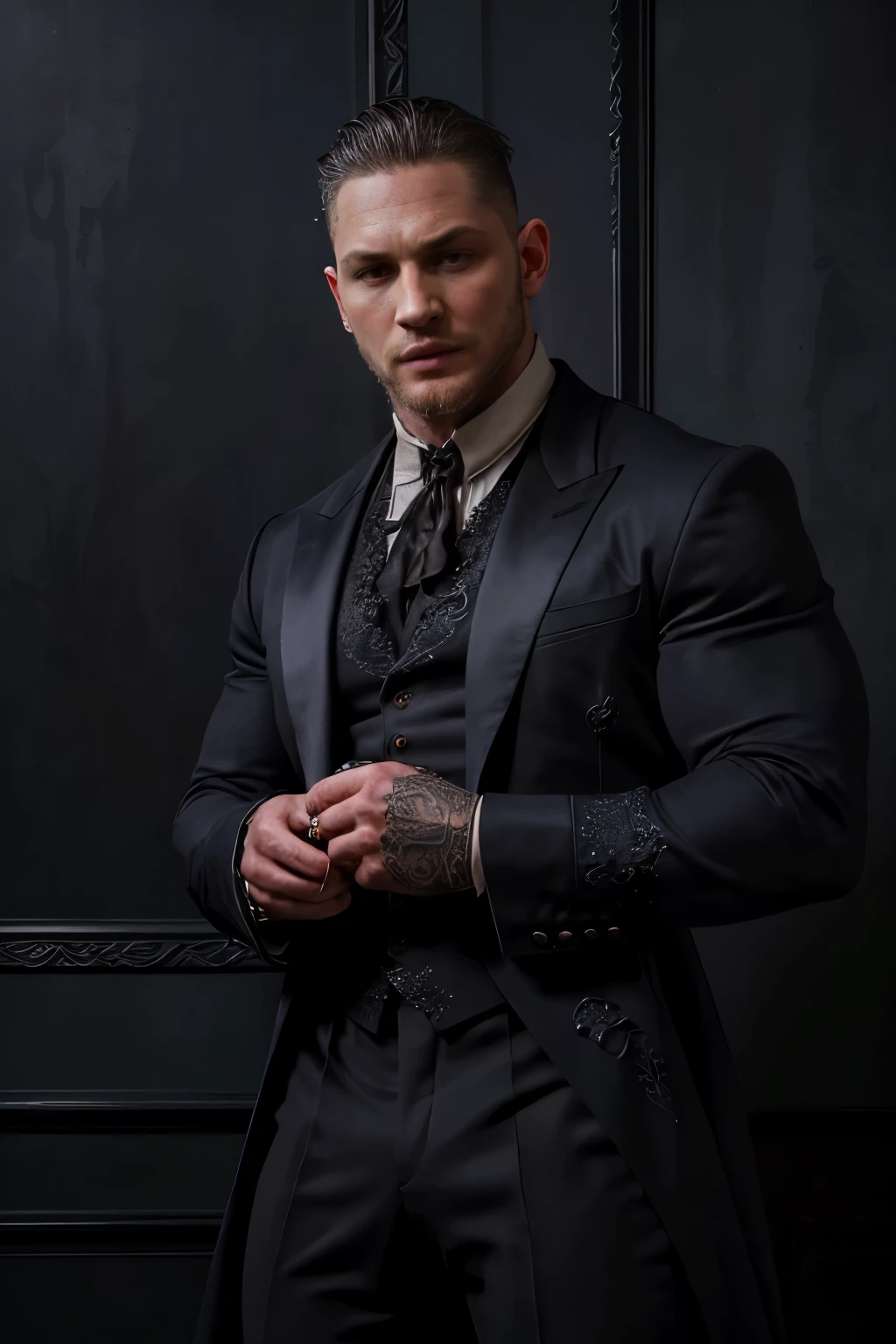 (( masterpiece)), (( the best quality:1.2)),  High resolution, 8K, (ultra_realistic:1.3), (photorealistic:1.4), (Instagram Template, elegant:1.2), Portrait of Tom Hardy wearing a sensual Gothic outfit ,  with lace details that highlight his sophisticated and modern style . The costume has a diabolical touch ,  with dark colors and intricate designs ,  Combining classic elegance with a bold contemporary aesthetic