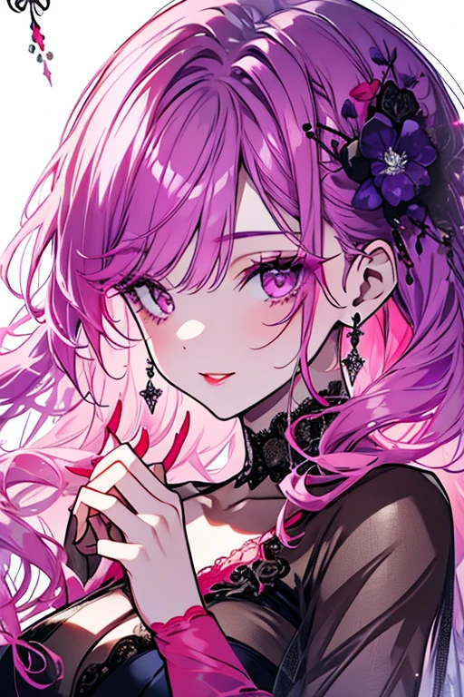 A masterpiece of artistic excellence, this illustration is of the highest quality and resolution. The image depicts a young woman with pink hair and grey eyes, her hair cut short and decorated with a single flower. She wears a gothic-inspired dress, and her breasts are small in size. The woman gives a sweet wink, adding to her allure. graffiti style, maximalizm style, wildstyle style.
