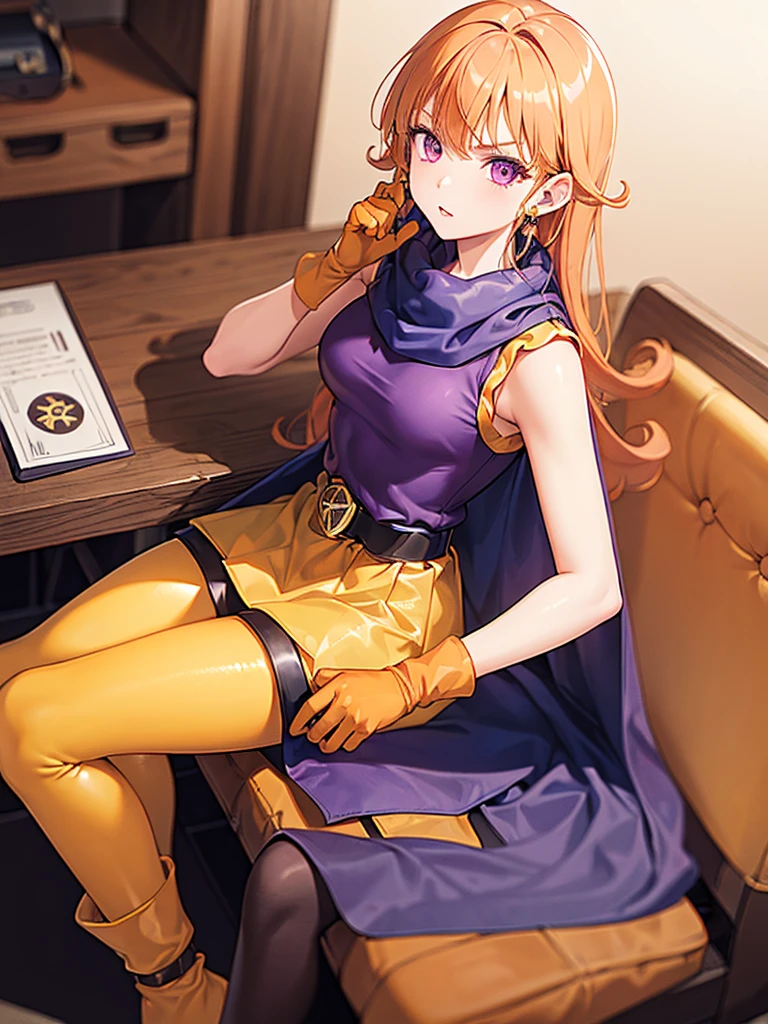  1 girl,Alone,dq4-Arena,Long Hair,Purple eyes, orange hair, sleeveless,Black Pantyhose,yellow dress, Yellow Skirt ,belt,Cape, curly hair,gloves,Small breasts, boots,Shiny,room, sit on a chair,table, pensive, (masterpiece), (Best Quality), (Super detailed),  complicated details,