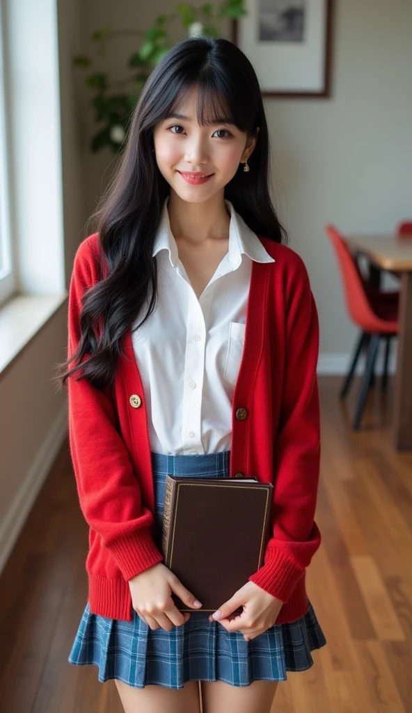 dutch angle,  standing pose, fission model pose,   on wooden floor, beautiful young Japaneses girl,  17-age, JK girl, (Black hair , long hair , fringe, beautiful dark brown eye, smile, earing), (C cup breasts, wide hip, stylish body), ( White shirt, red wool cardigan, mini gather skirt , blue tartan-check pattern ,red hi-heal, lady's watch) hold noble novel book, in my home , morning,((super detail, high details, high quality, accurate, anatomically correct, textured skin, beautiful fingers super detail, high details, high quality, best quality))