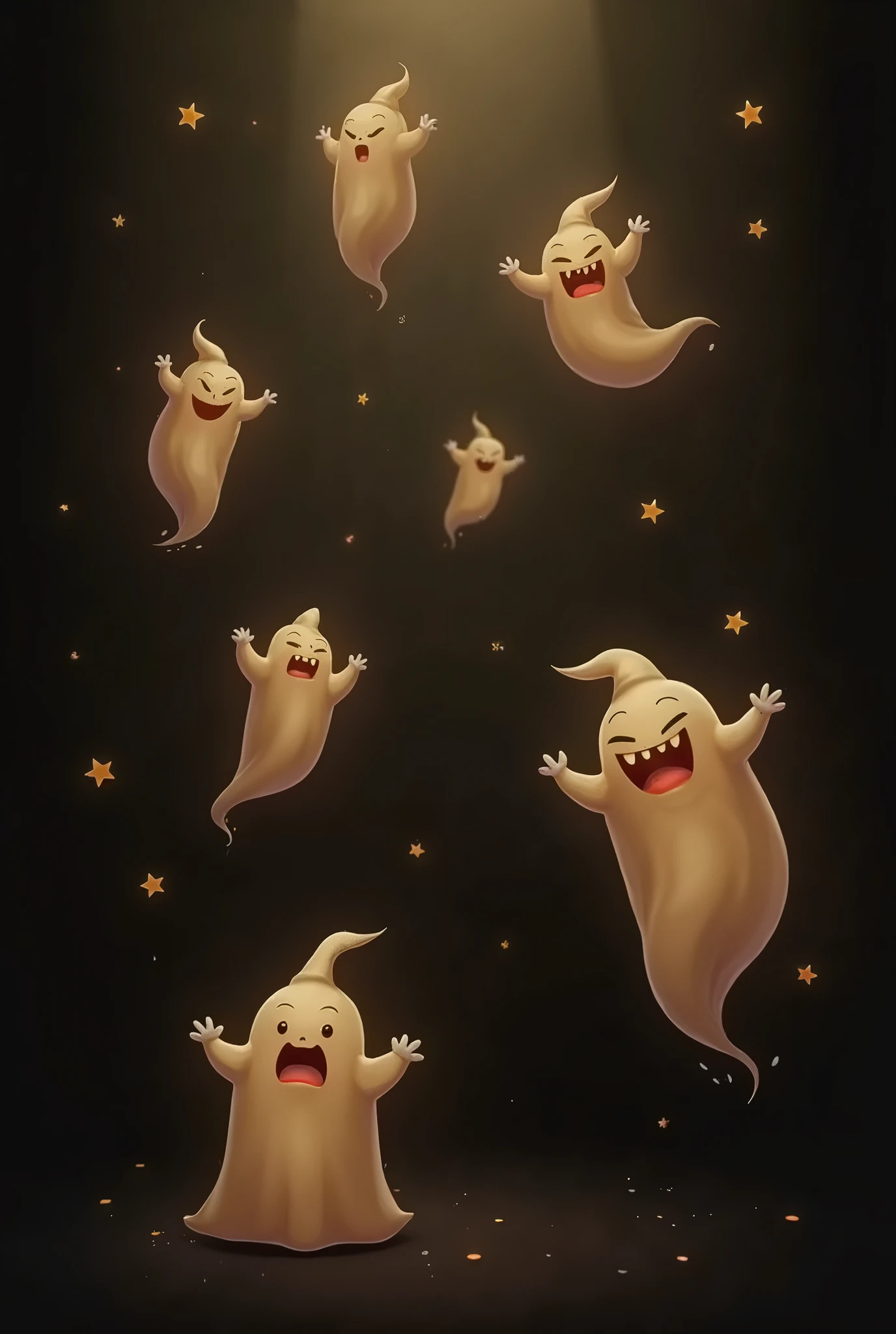 Halloween ghosts, background black, fog filter effect, gold gust effect, manga anime cartoon style