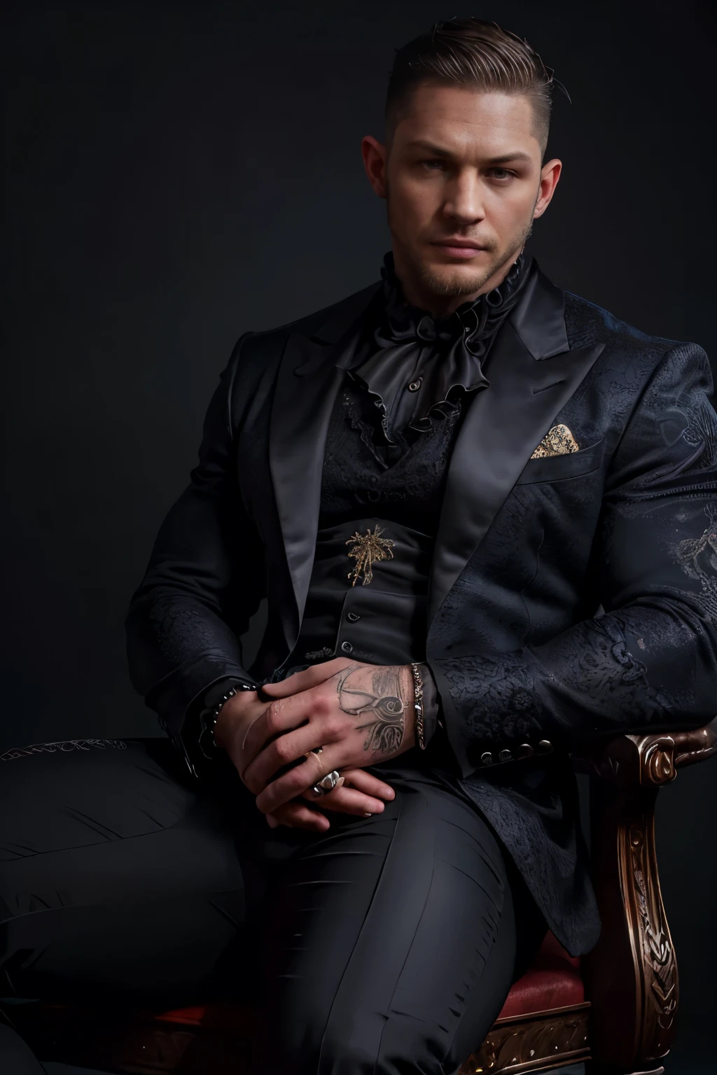 (( masterpiece)), (( the best quality:1.2)),  High resolution, 8K, (ultra_realistic:1.3), (photorealistic:1.4), (Instagram Template, elegant:1.2), Portrait of Tom Hardy wearing a sensual Gothic outfit ,  with lace details that highlight his sophisticated and modern style . The costume has a diabolical touch ,  with dark colors and intricate designs ,  Combining classic elegance with a bold contemporary aesthetic