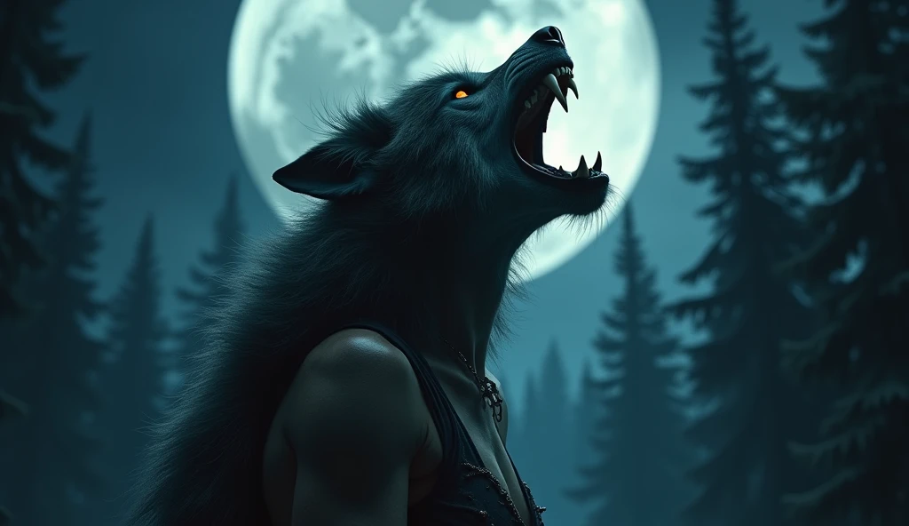a sexy woman howling at the moon as she transforms into a ferocious werewolf, cinematic still, lionsgate .com