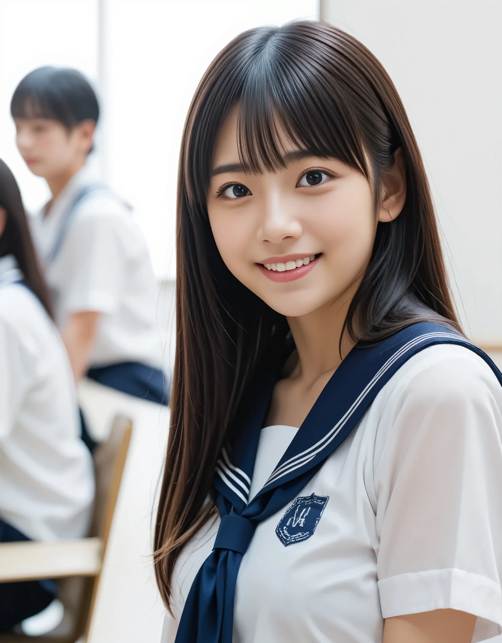 (8k、Original photo、top-quality、masterpiece:1.2)、(Realistic、 photorealistic :1.37)、  what is the background 、Super A high resolution、1 girl、High school girl, young、(beautiful girl, , Super cute idol-like face:1.2)、(Laugh with your teeth showing:1.2), Slightly longer bob hair、Black Hair、With bangs, Japanese High School Uniform、((Sailor school uniform, I'm wearing a navy blue pleated skirt))、 upper body,  in the school classroom, 