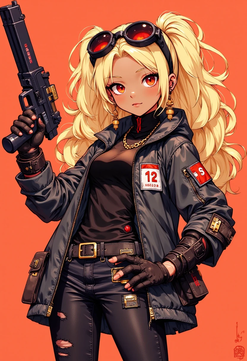 A ((cartoon black girl))) with ((red))), (((black))) and (((blond hair))), dressed in a ((street black outfit)) with a (((black gun))) in her hand, aiming it towards the camera with a psychotic expression