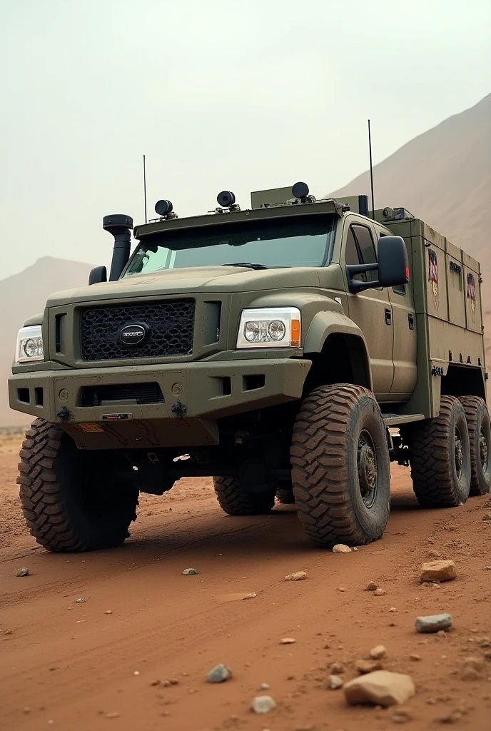 araf truck driving on a dirt road in the desert, military vehicles, battle ram, vehicle, himars, military equipment, humvee, military carrier rig, truck, new vehicle, tank, himars with missile, desert camouflage, vehicles, cougar, military gear, desrt, modern military gear, titan, combine, profile shot, by Richard Hess