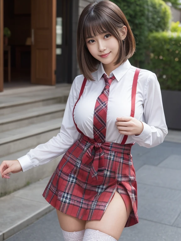 highest quality、High level image quality、high detail、8k、1、very cute、beautiful girl、god々々right、cute like an angel、big eyes、glamorous girl、Fluffy smile、150cm、Jacket White Polo Shirt、red tie、Red hanging skirt、suspenders、black haired、amount、((skirt lift, flashing tiny pussy))、outside the house、School zone、nsfw,