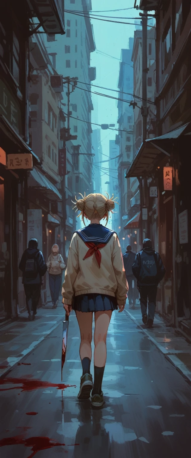 Himiko toga holding a bloody knife, While walking down the street, (it&#39;s dark, se ve infernal) while he was leaving a trail of blood and she saw his bloody hands 