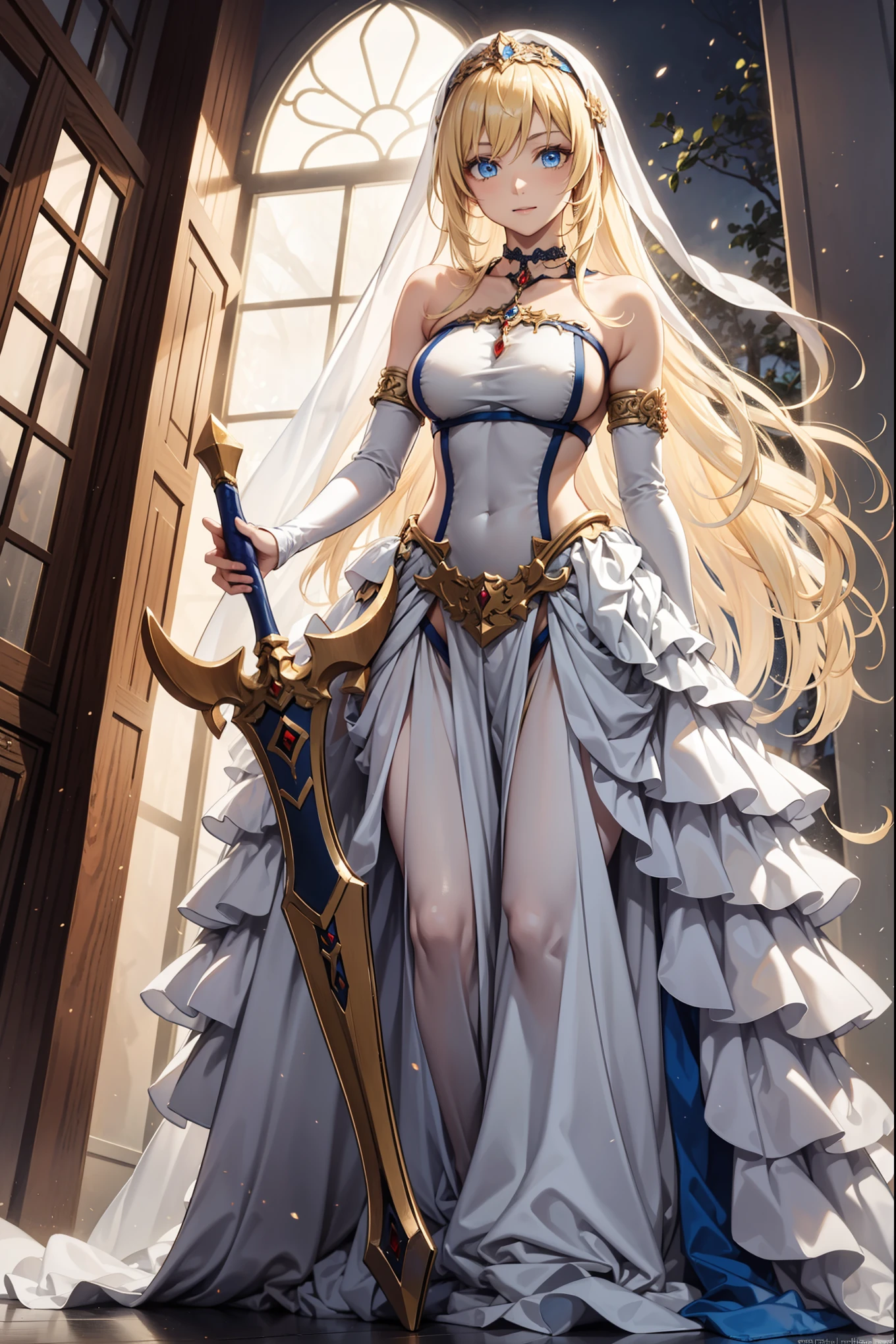 Become a，Fantasy Princess，obsessed，Full breasts，in love，sacred，(And a white princess dress:1.3)，Blonde hair and blue eyes，Blue Eyes，Great Sword，Holy Sword，Super super details，Ruffles，Lots of Lace，(Stripes on clothes:1.2)，(Dress nicely:1.1)，(Layered Skirt),Transparent clothing，Beautiful and delicate face，Movie Lighting，night，The only person，Lace,(shine:1.2), ( best quality on the tree), (masterpiece:1.2),shine宝石, Gentle, Gentle, goddess, ,, Gentle, group，SFW skirt