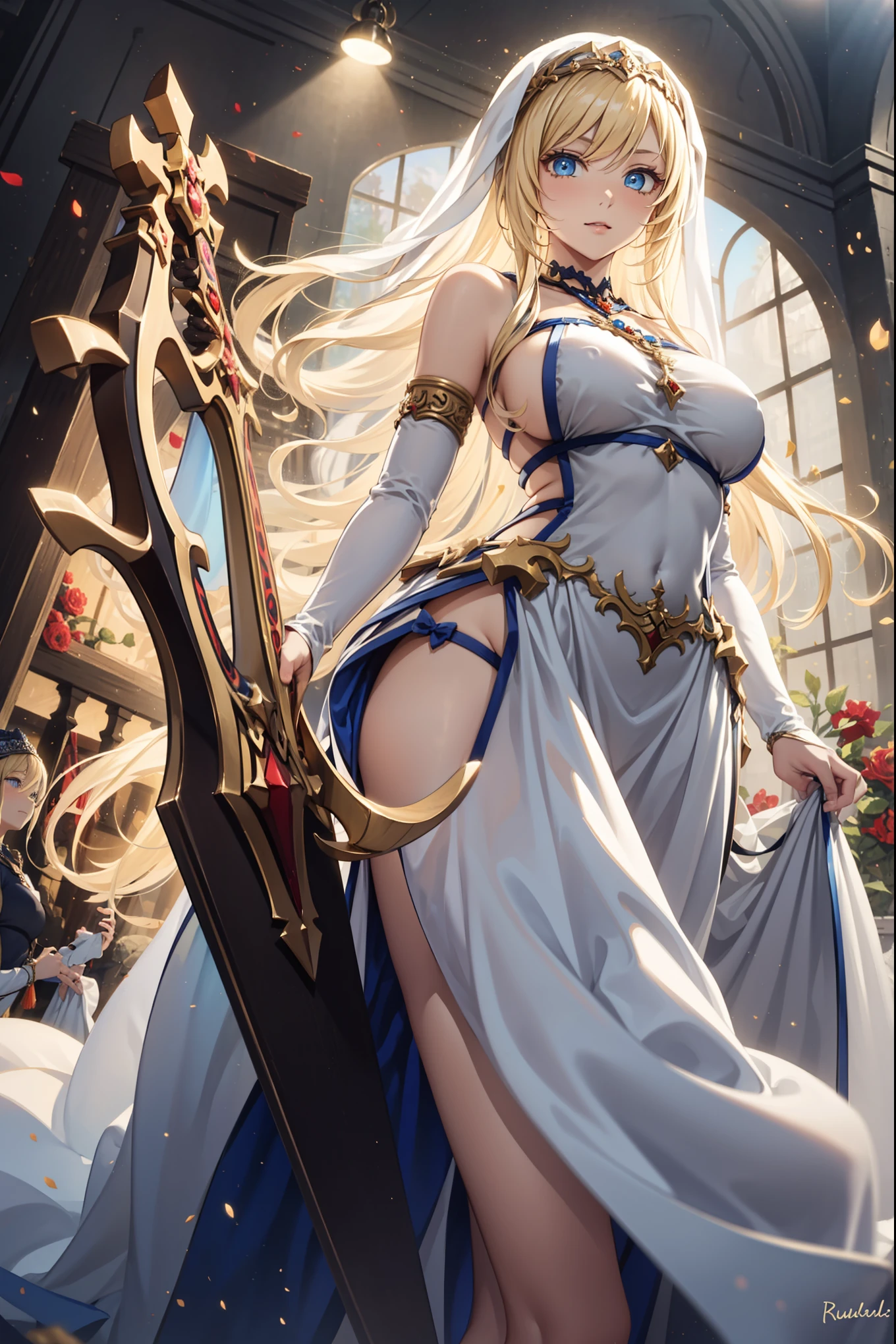 Become a，Fantasy Princess，obsessed，Full breasts，in love，sacred，(And a white princess dress:1.3)，Blonde hair and blue eyes，Blue Eyes，Great Sword，Holy Sword，Super super details，Ruffles，Lots of Lace，(Stripes on clothes:1.2)，(Dress nicely:1.1)，(Layered Skirt),Transparent clothing，Beautiful and delicate face，Movie Lighting，night，The only person，Lace,(shine:1.2), ( best quality on the tree), (masterpiece:1.2),shine宝石, Gentle, Gentle, goddess, ,, Gentle, group，SFW skirt