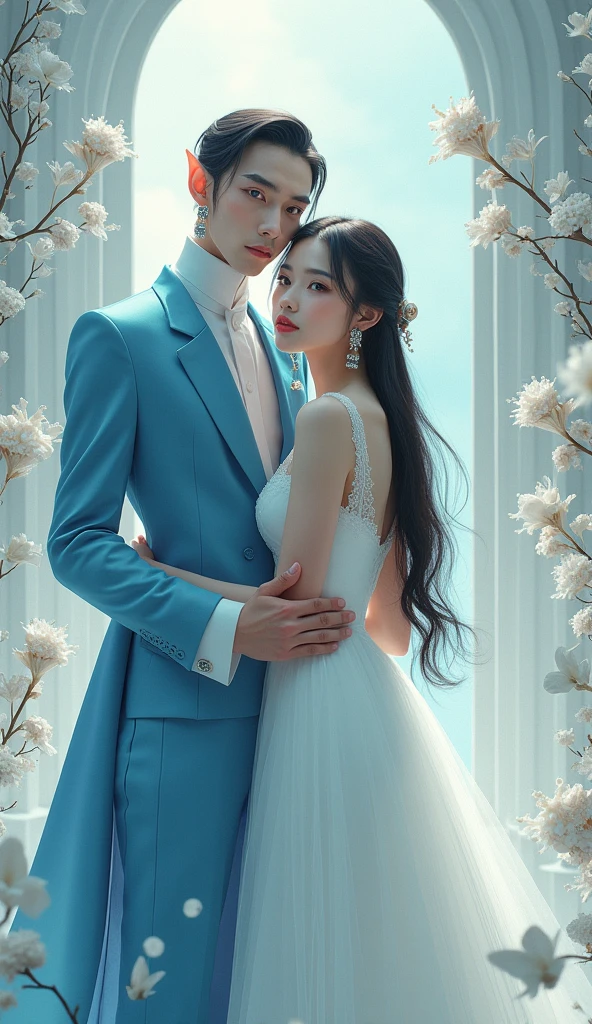 detailed romantic young couple, blue castle, aster purple flower