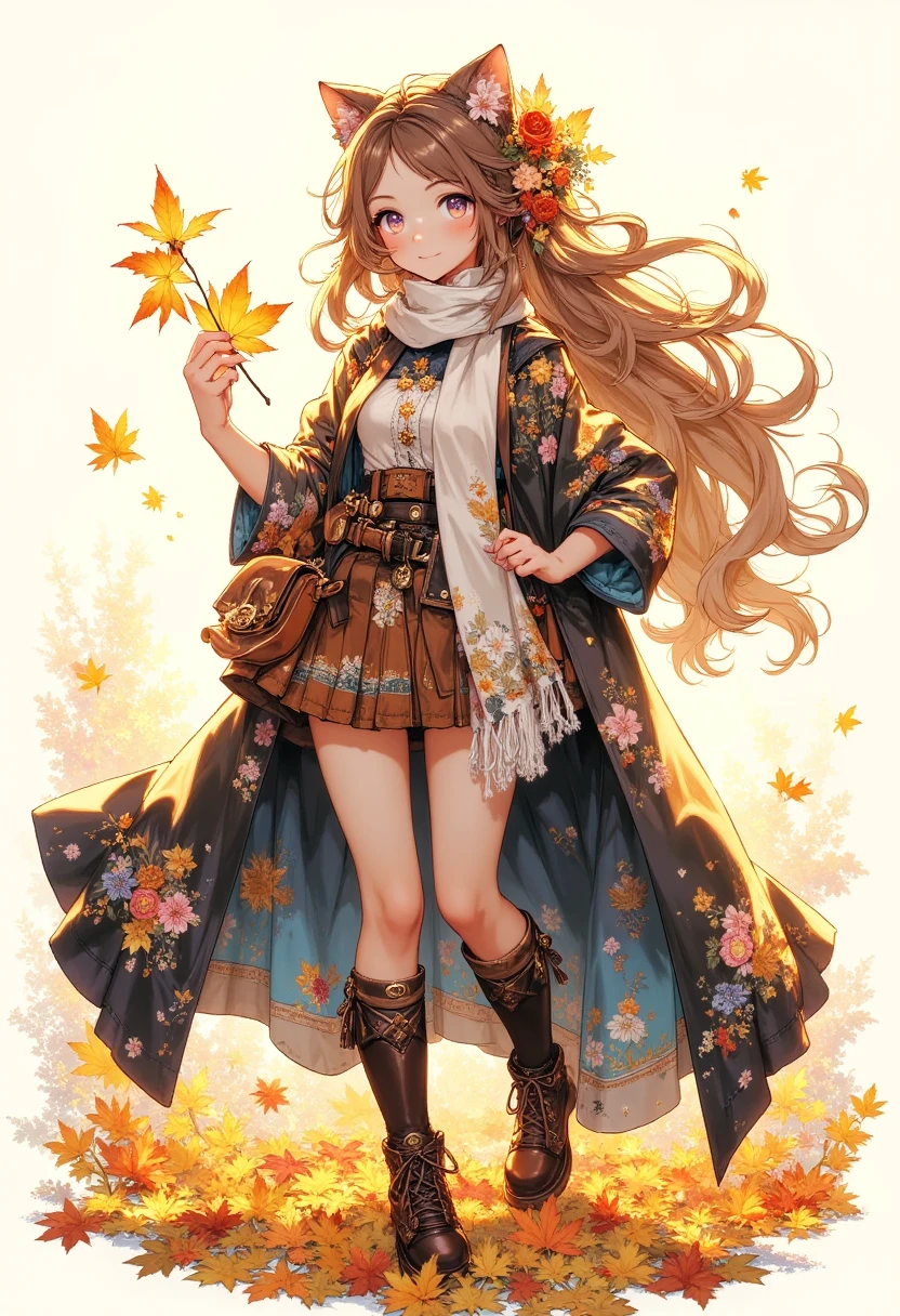 (autumn colored soft layer),(solo),1girl\(long brown hair, cute, autumnal attire, scarf, coat, boots, pinching leaves\(which are shining golden through the sunlight),full body,looking away\\),(from side:1.5), long shot, (simple minimalism white background:1.5), BREAK ,quality\(masterpiece, best quality,8k,wallpaper of extremely detailed CG unit, high resolution, top-quality, top-quality real texture skin, hyper realistic, increase the resolution, RAW photos, best quality, highly detailed, the wallpaper,golden ratio,high saturation realism, vibrant colors, dramatic lighting, persuasive storytelling, atmospheric scenery, captivating visuals, intricate details, strong emotions,dreamlike world\),